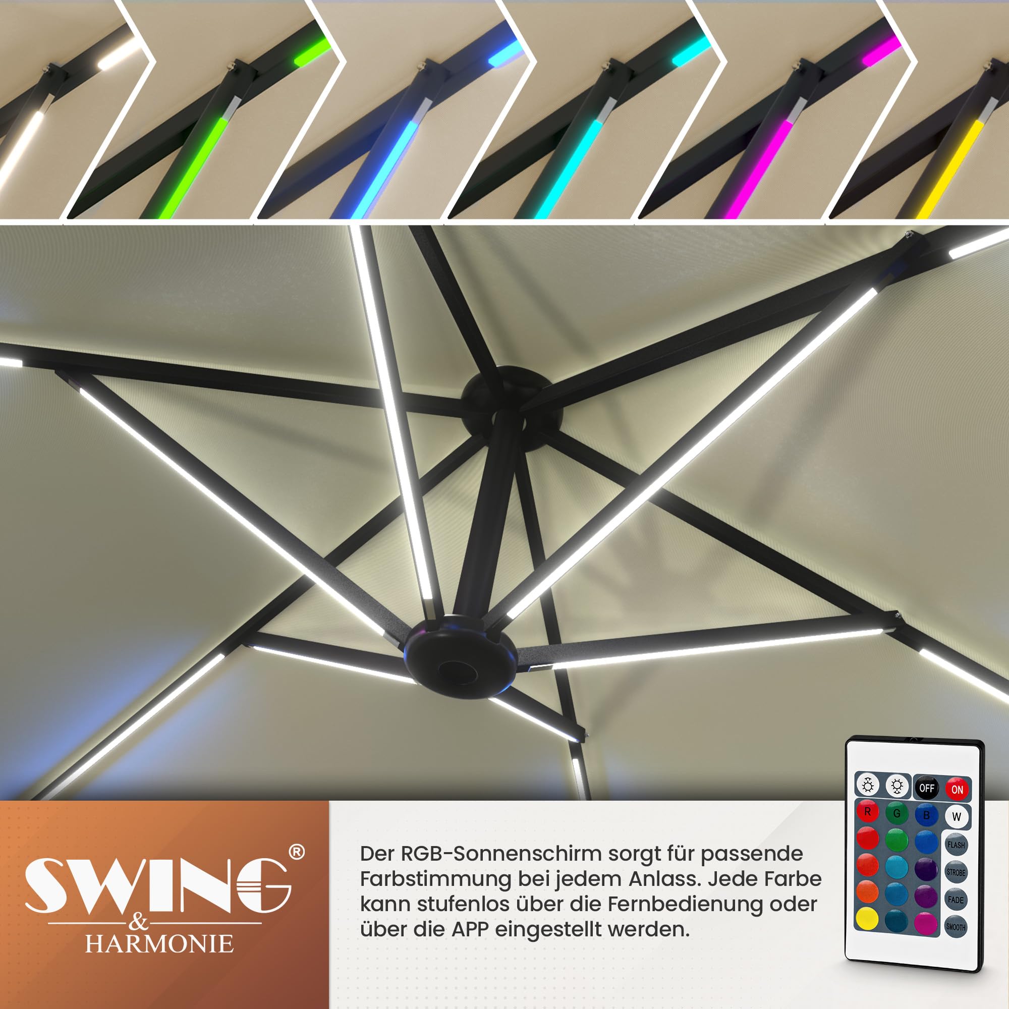 Swing & Harmonie Luxus LED Sonnenschirm mit RGB Beleuchtung inkl. Fernbedienung, APP Steuerung, Ampelschirm, Garten Schirm