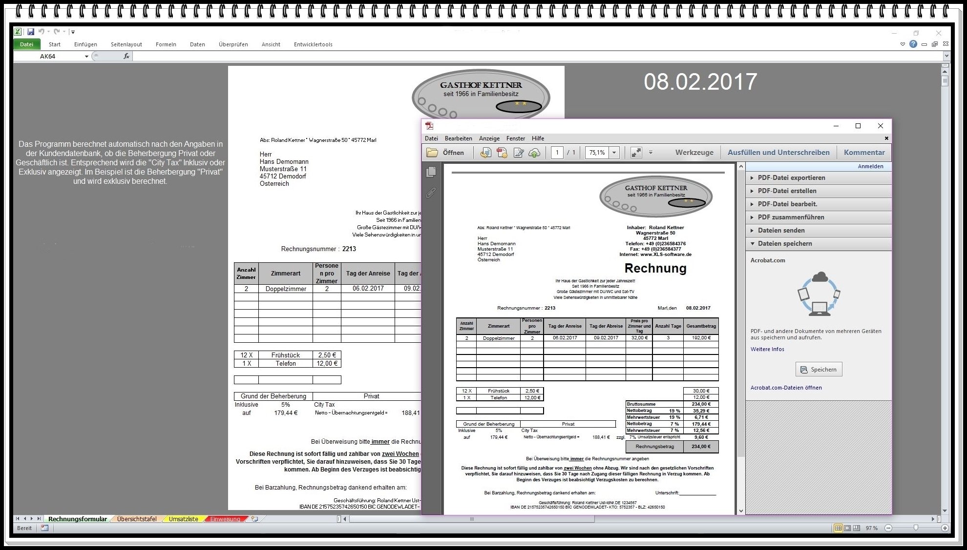 Rechnungsprogramm Rechnungssoftware mit City Tax und Kurtaxe für Hotel Pension Ferienwohnung