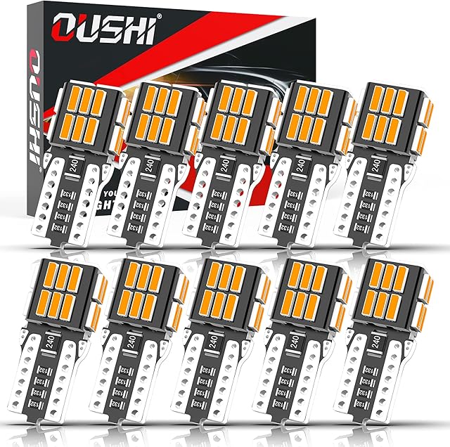 W5W T10 501 LED Bulb, OUSHI Canbus Error Free 194 168 2825 12V Extremely Bright 3000K Amber Yellow Replacement For Car Interior Side Dome Number Plate Parking Reserve Light(Pack of 10)