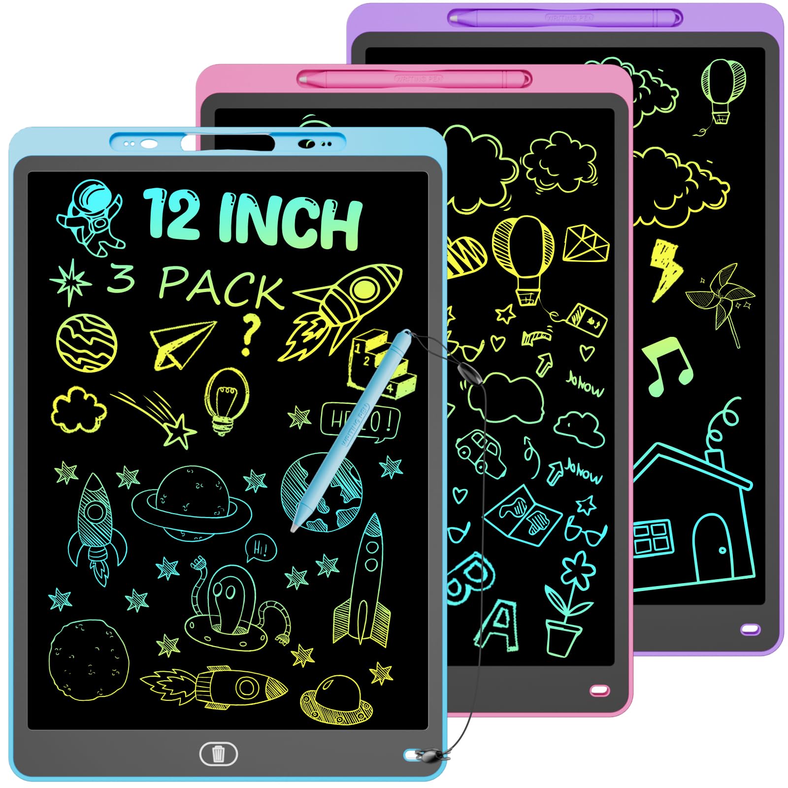 3 Packs 12 Inch Drawing Tablet for Kids Electight Colorful LCD Writing Board Toys for Boys Girls Erasable Drawing Pad Learning Educational Gifts for 3 4 5 6 7 Years Old