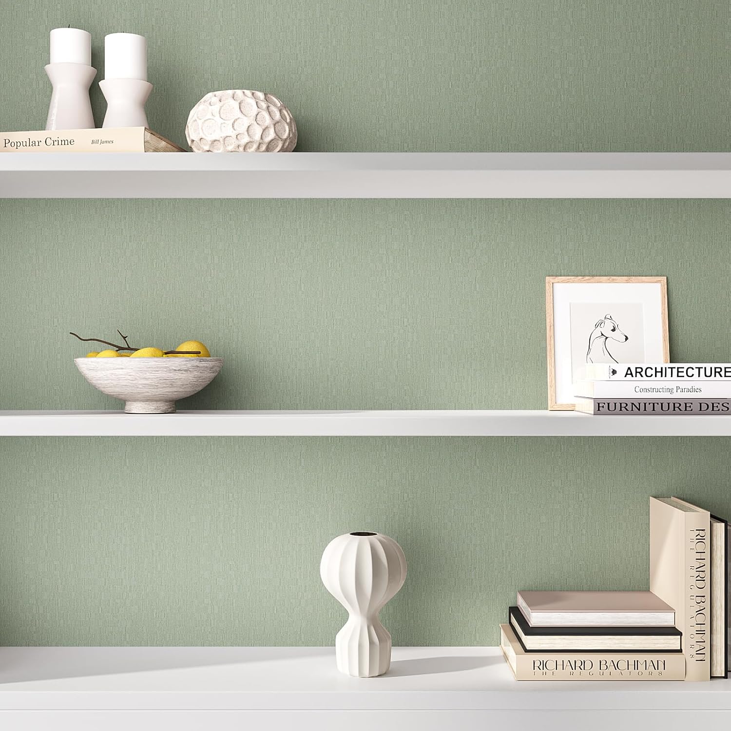 VEELIKE Sage Green Grasscloth Wallpaper Faux Grasscloth Peel and Stick Wallpaper Green Contact Paper for Walls Cabinets Shelves 15.7''x118'' Waterproof Removable Green Wallpaper for Bedroom Bathroom