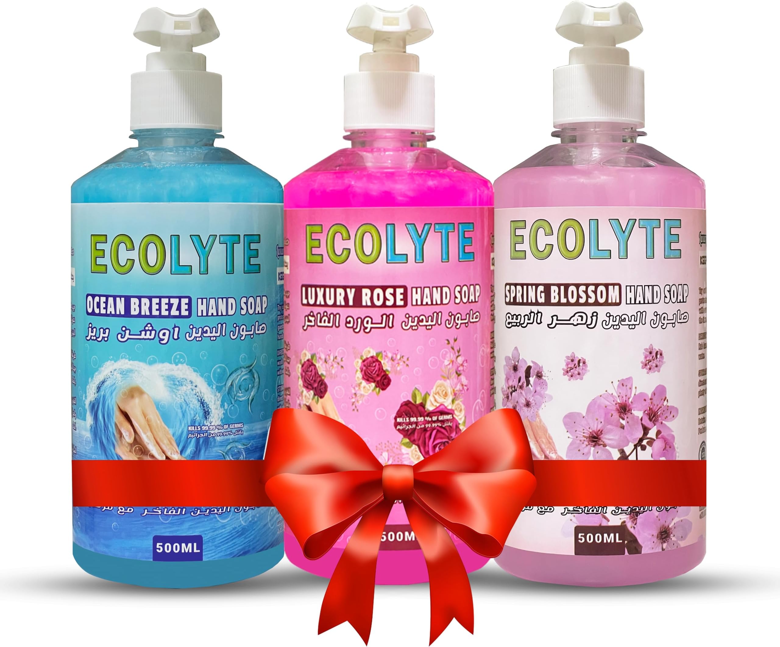 ECOLYTE+ Hand Wash Liquid Soap, Skincare, Effective Germ Protection & Personal Hygiene, Protects Against 100 Illness Germs [2nd Option (Ocean Breeze, Spring Blossom & Luxury Rose) 500ml, Pack of 3]