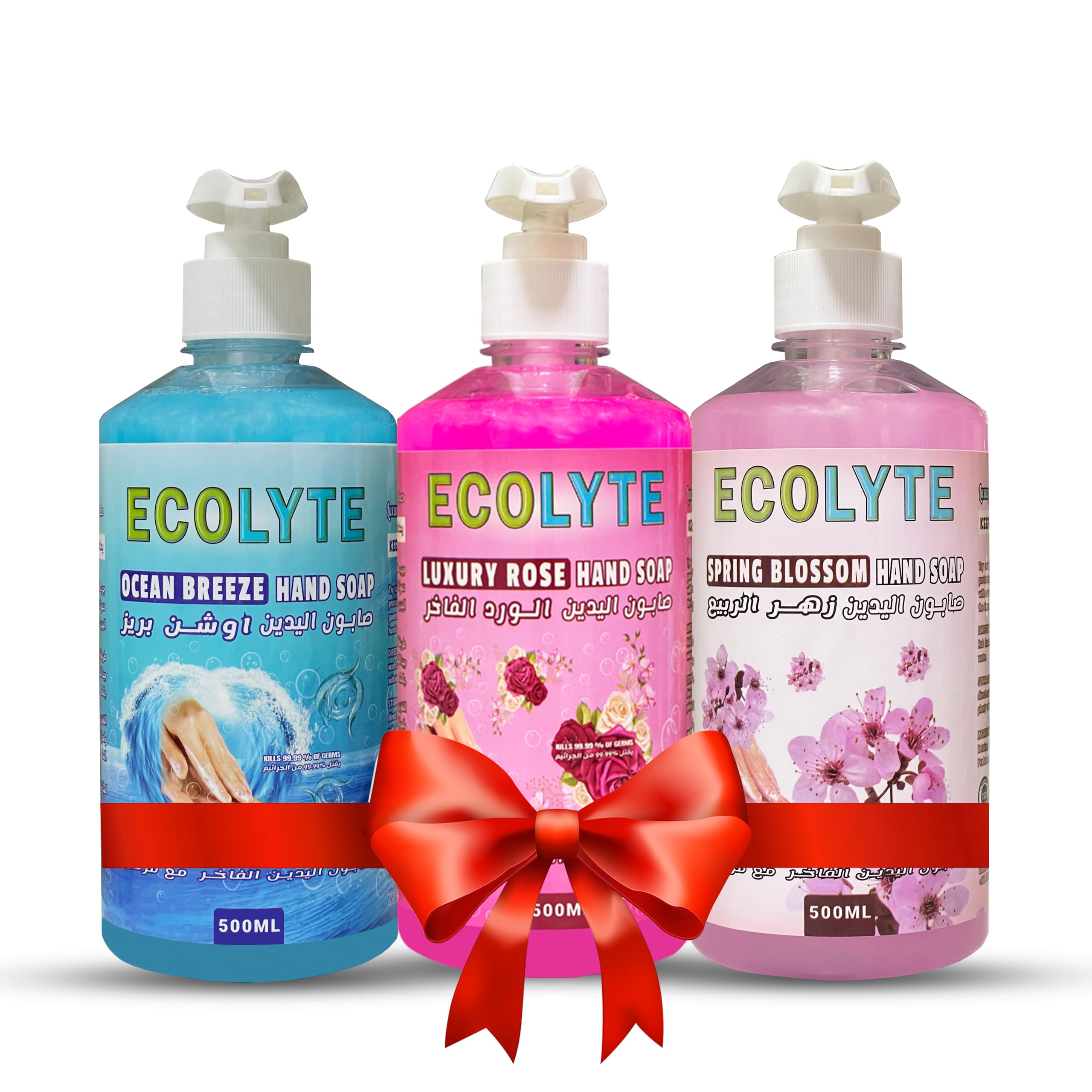 ECOLYTE+ Hand Wash Liquid Soap, Skincare, Effective Germ Protection & Personal Hygiene, Protects Against 100 Illness Germs [2nd Option (Ocean Breeze, Spring Blossom & Luxury Rose) 500ml, Pack of 3]