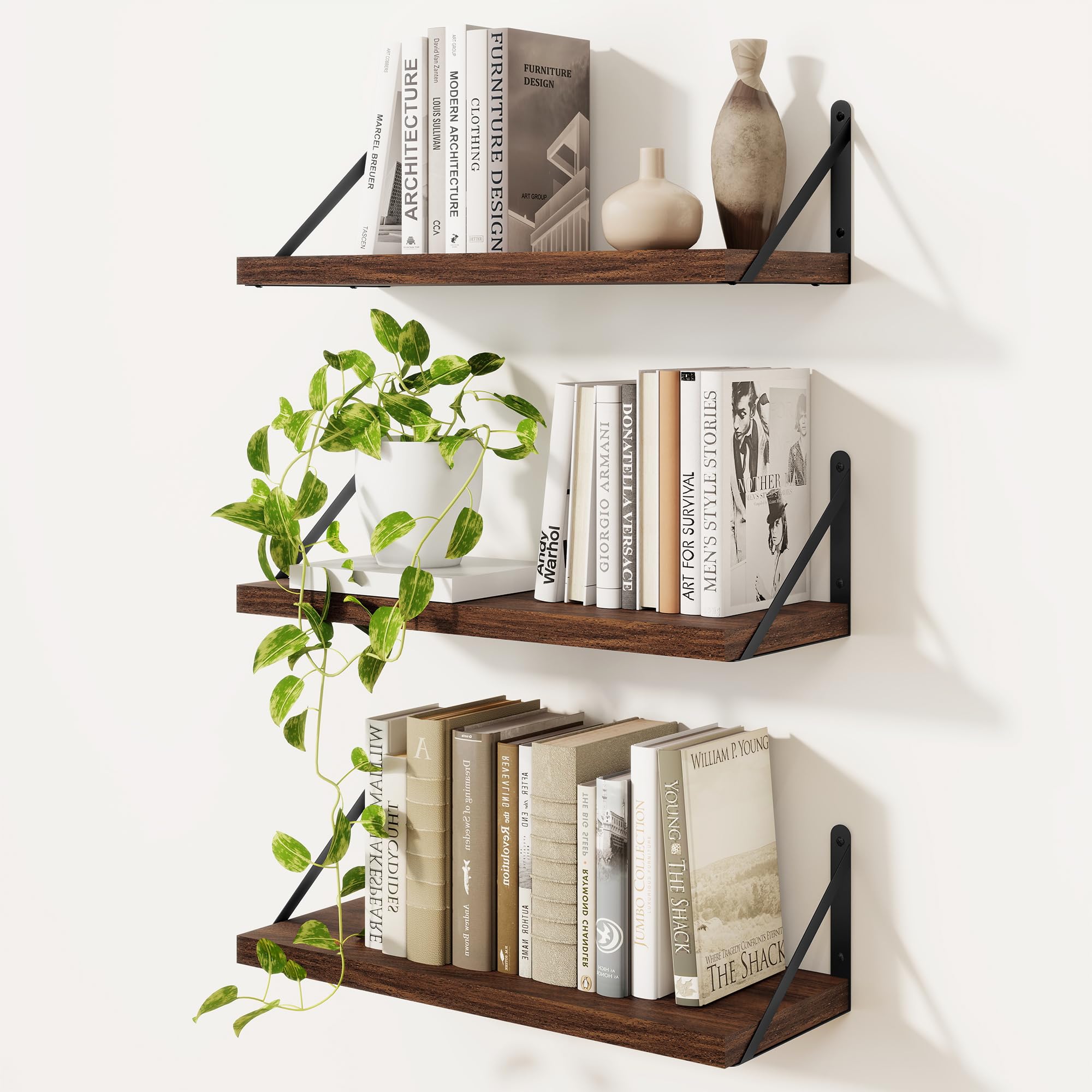 Feihorrm Set of 3 Book Shelf, Walnut Wall Shelves, 40cm Wall Shelf, Wooden Shelves, Shelves for Wall, Bookshelf for Bedroom, Living Room, Home Office & Book Storage