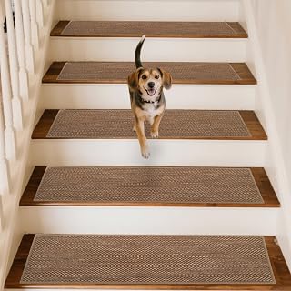 GROWLING Linen Stair Treads for Wooden Steps Indoor 30x8 inch, 7pcs Upgraded Self Adhesive Backing Non Slip Stair Carpets, Peel and Stick Stair Runner Rugs, Reusable Staircase Step Treads(Brown)