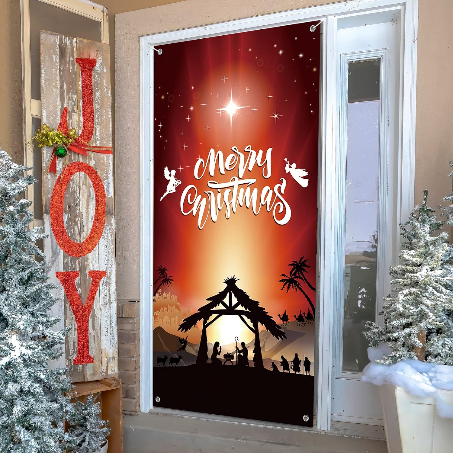 Christmas Nativity Door Cover Decoration Jesus Holy Night Christmas Fabric Door Cover Porch Sign Nativity Scene Religious Orange Red Front Door Hanging Banner Backdrop for Holiday Xmas71x35inch