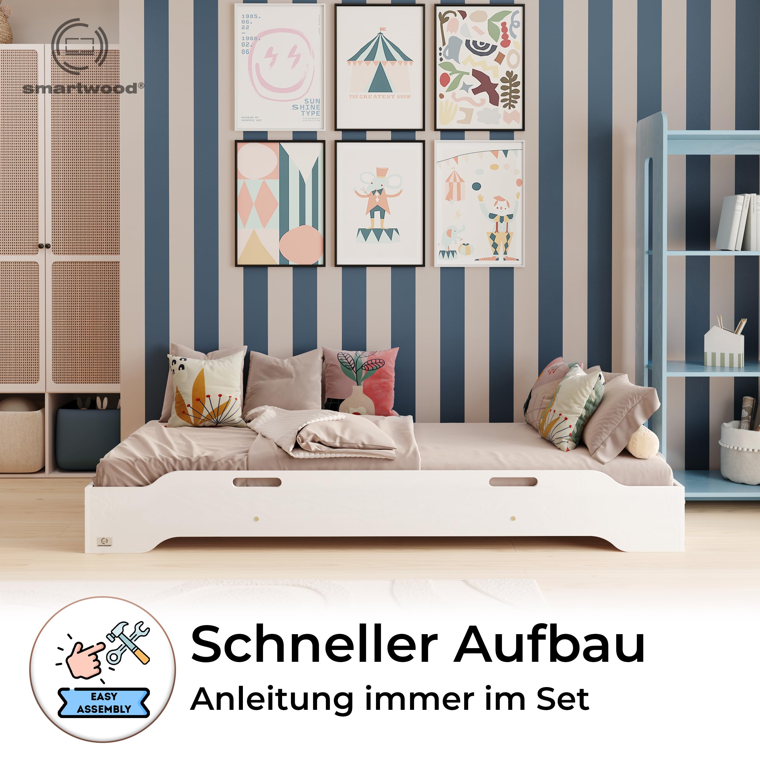 smartwood Stapelbett 90x200 cm mit Lattenrost, aus Holz, Weiß, TILA 8