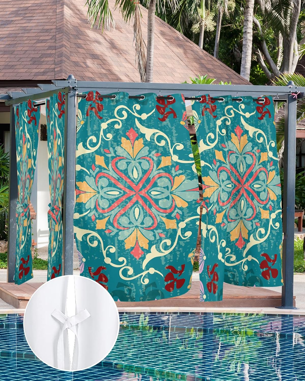 Boho Teal Outdoor Curtains for Patio, Waterproof Porch Curtain, Colorful Vintage Turkish Pattern Modern Geometric Grommet Privacy Drapes Curtains for Cabana, Deck, 2 Panel, 54" x 84" x 2