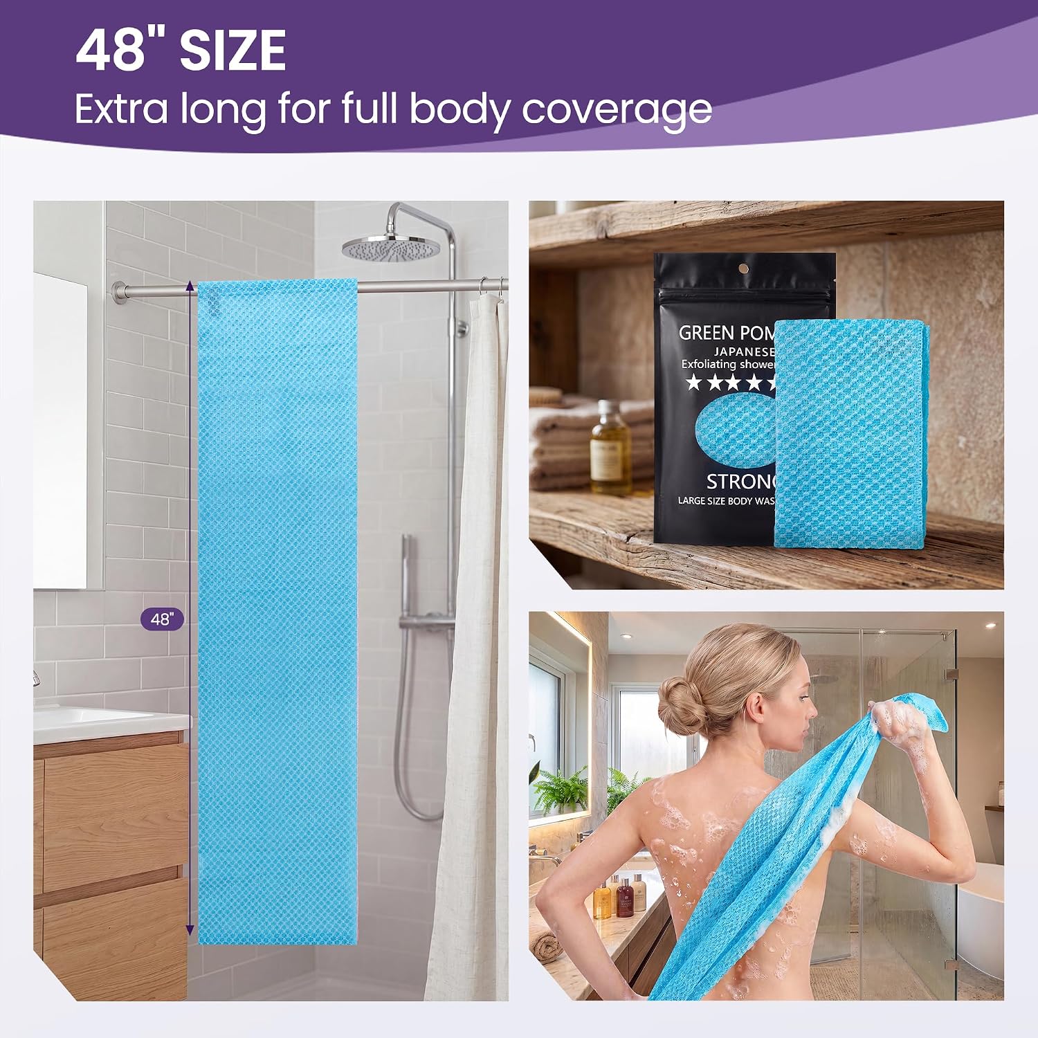 Japanese-Style Exfoliating Towel, 48" Long Body Scrubber Blue