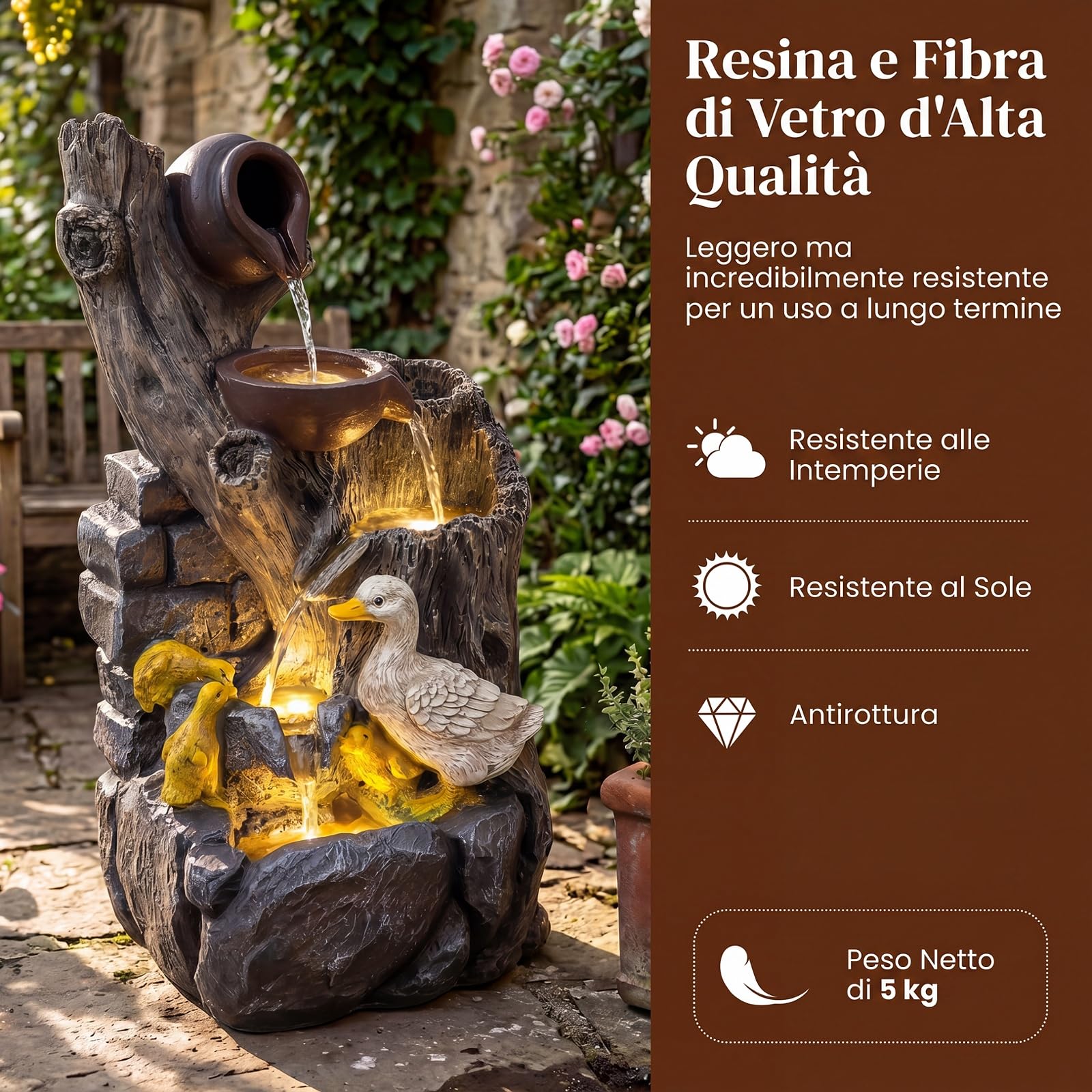 COSTWAY Fontana a Cascata da Esterno, Fontana da Giardino con Illuminazione LED e Pompa, Ornamento Cascata in Resina Effetto Pietra e Legno con Anatre per Cortile e Salotto, 30 x 27 x 57 cm