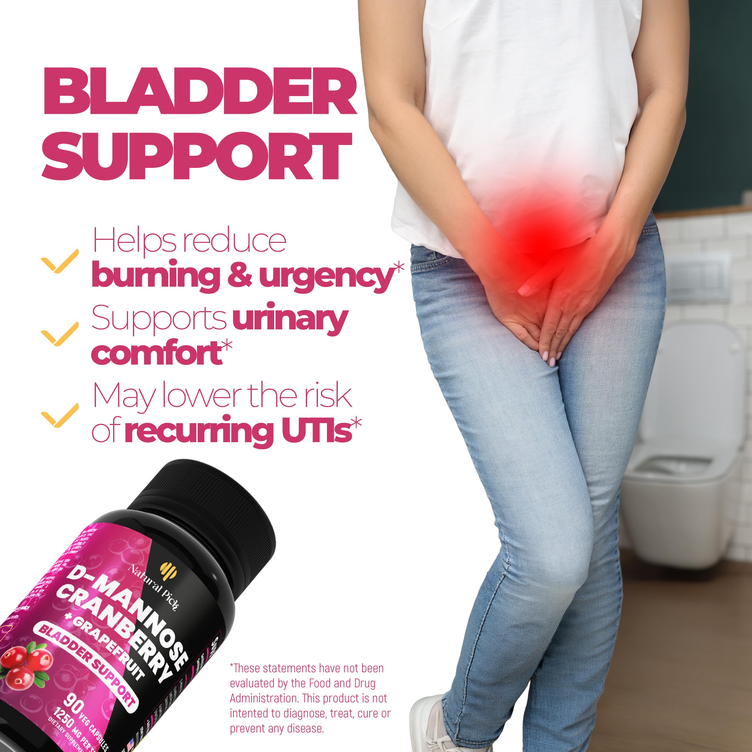 Bladder Control Supplements, D Mannose with Cranberry, 1000mg - 90 caps — Amazon image 2