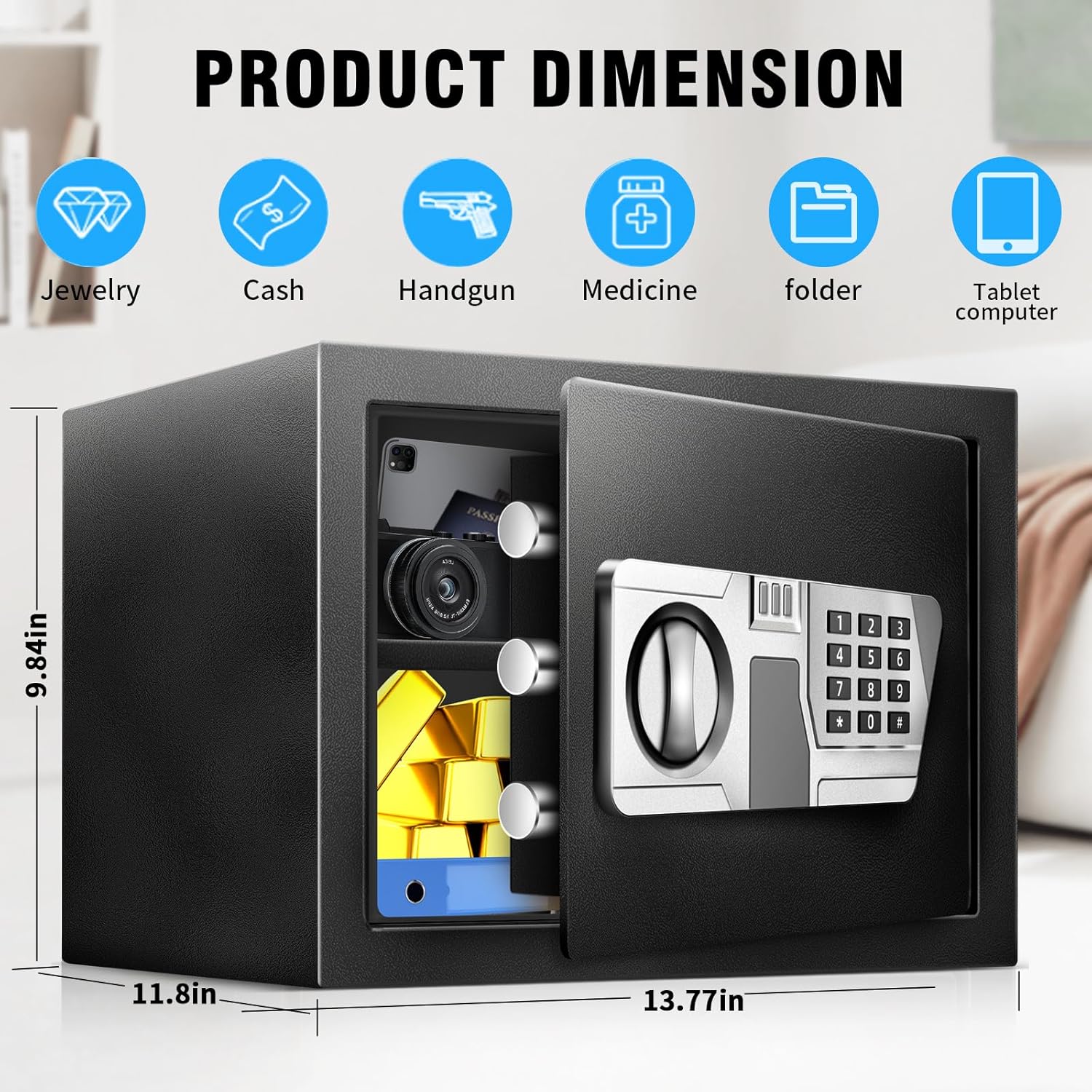 TOTOY 1.5 Cu Ft Small Fireproof Safe Box For Home Documents with Type-C External Power - Steel Security Safe Lock Box with Electronic Keypad, LED Sensor Light- Safety Box For Cash, Jewelry