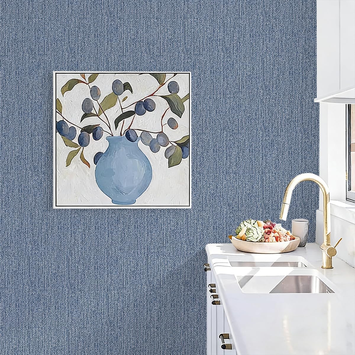 Grasscloth Peel and Stick Wallpaper Blue Contact Paper 15.7inch x 118.1inch Vintage Faux Linen Wallpaper Self Adhesive Fabric Navy Grass Cloth Removable Herringbone Grasscloth Decor Vinyl