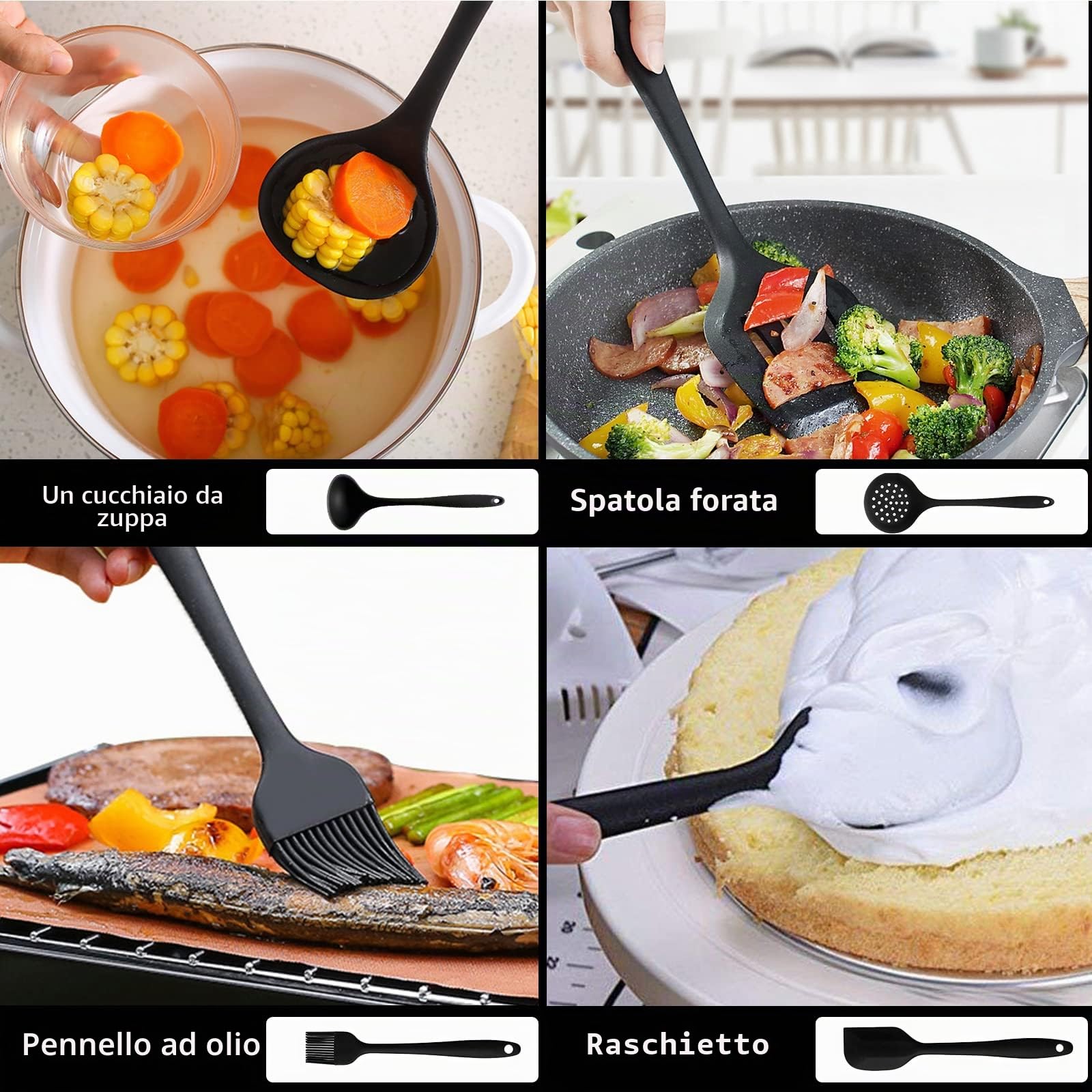 Set di Utensili da Cucina in Silicone Accessori 49PCS , con 20 Ami, Resistenti al Calore Antiaderenti Spatola da Cucina, Nero