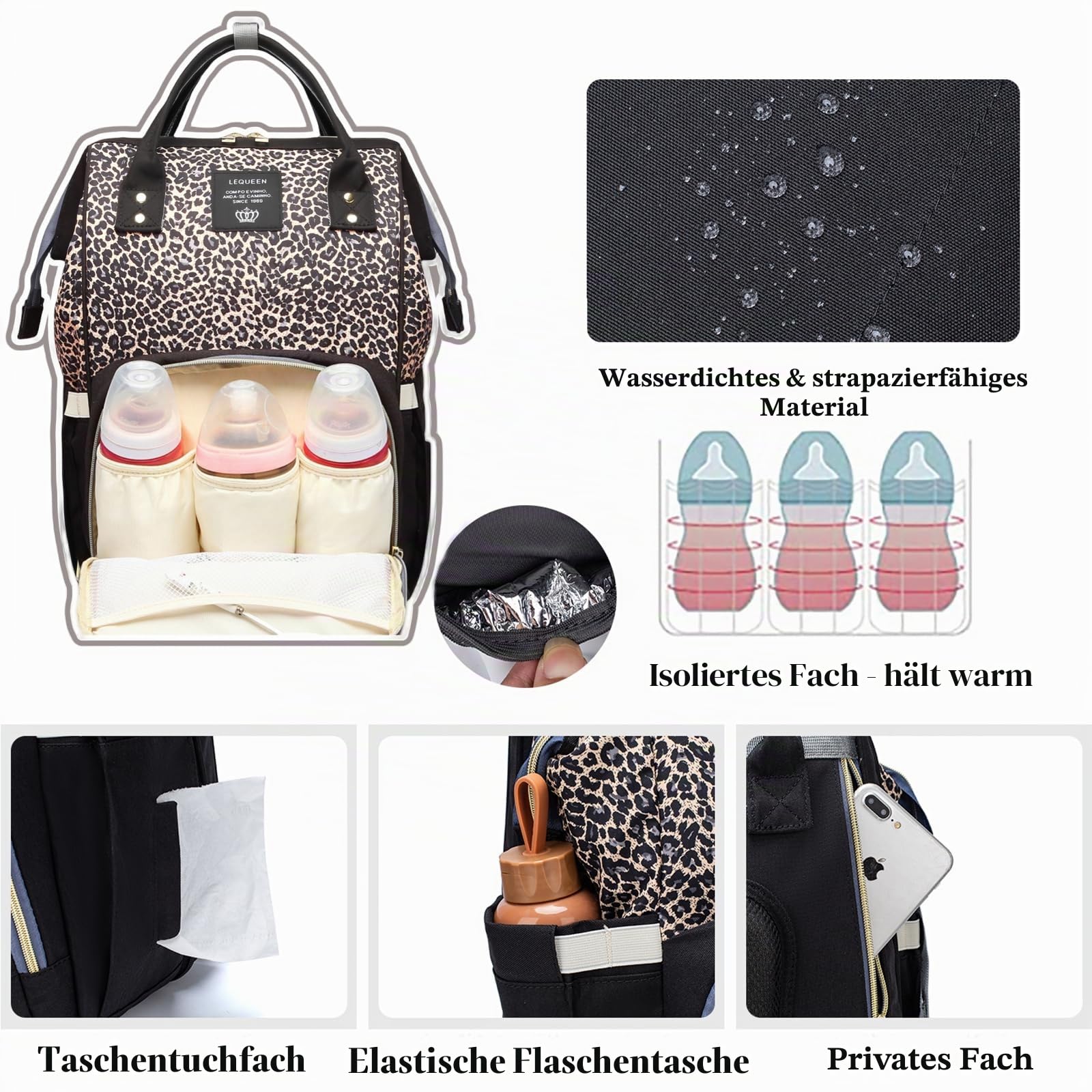 Wickeltasche Rucksack, Leopardenmuster, multifunktionale Baby-Wickeltasche für Jungen und Mädchen, wasserdichter Rucksack, Reise-Wickeltasche