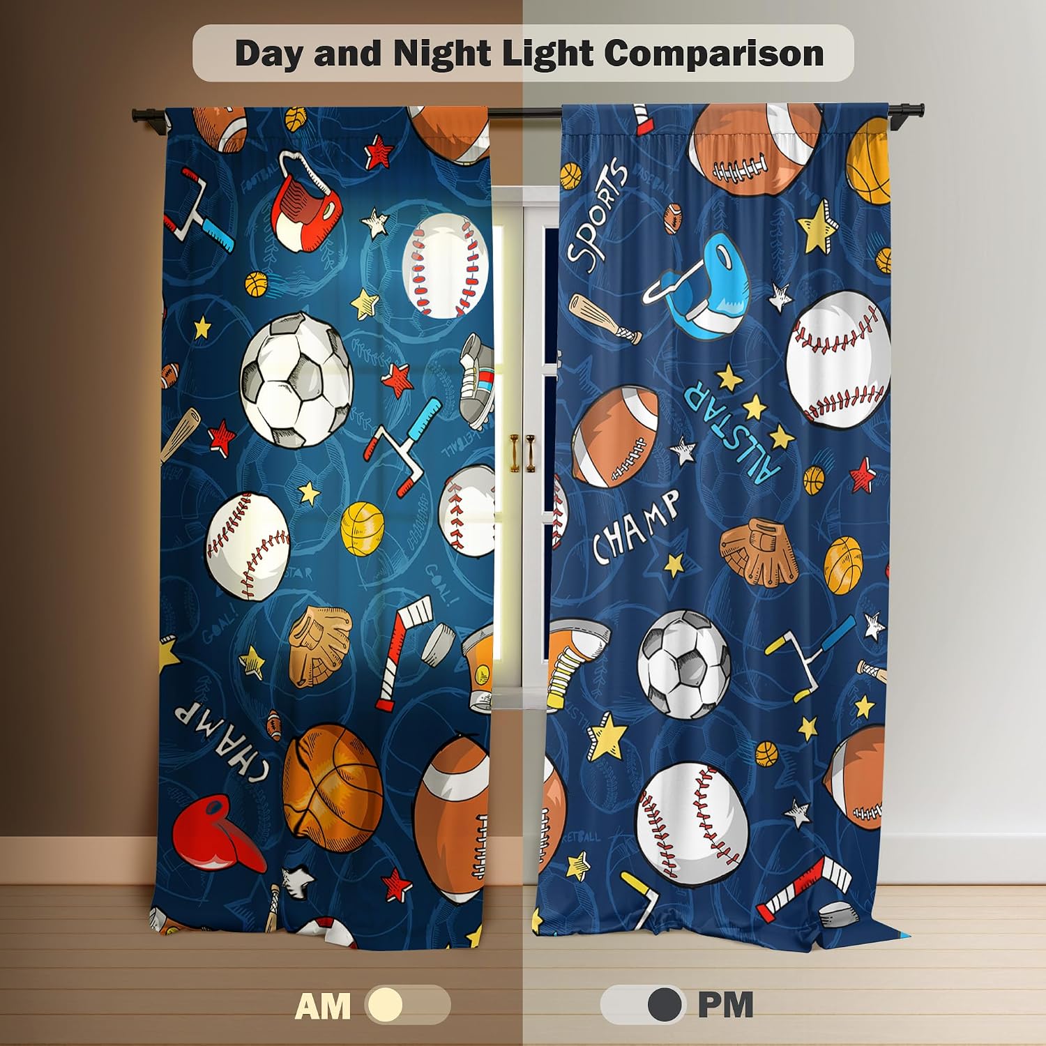 Navy Sports Ball Window Curtains 84" x84 Window Drapes 2 Panel | Rugby Curtains Living Room Bedroom Nursery Toddler Home Party Decor, Rod Pocket Window Drapes 2 Panel, 84"x84"