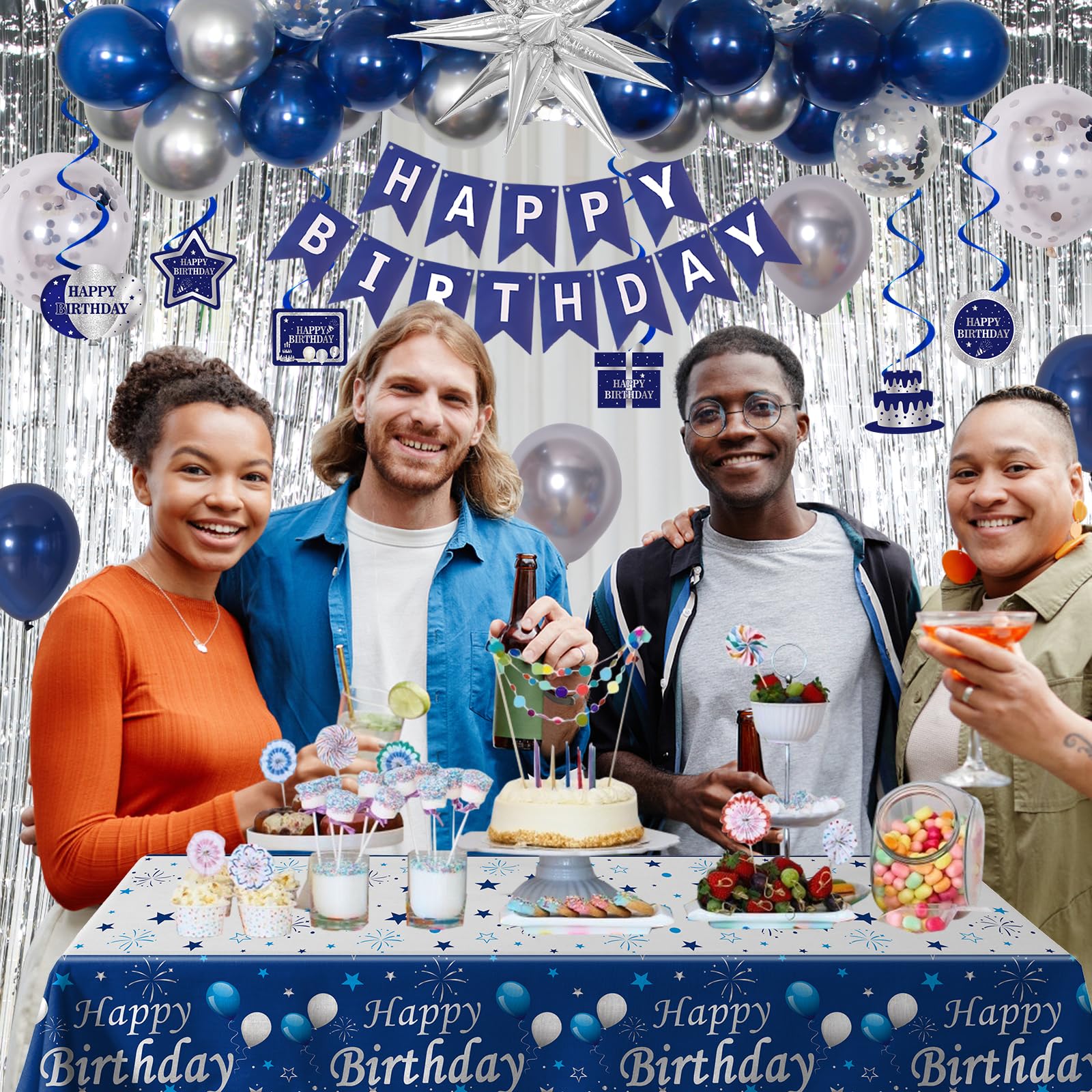Decoraciones de cumpleaños azules para niños, hombres y mujeres, decoraciones de feliz cumpleaños, azul marino y plateado, globos de feliz cumpleaños, cubierta de mesa, cortina de flecos, pancarta de