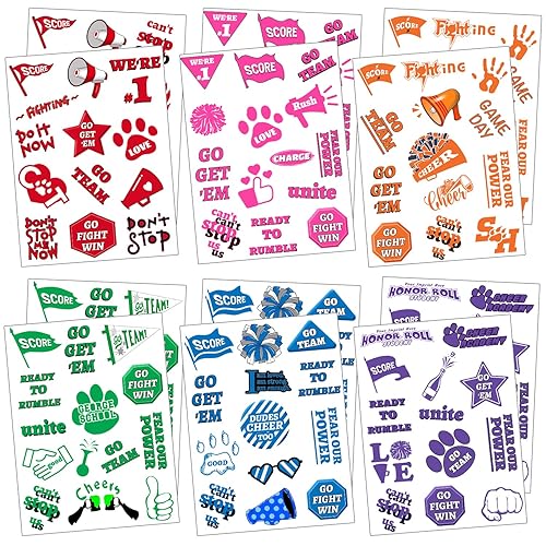 120 tatuajes de espíritu de equipo, azul, verde, naranja, rosa, morado y rojo, incluyen tatuajes temporales de colores para juegos deportivos de