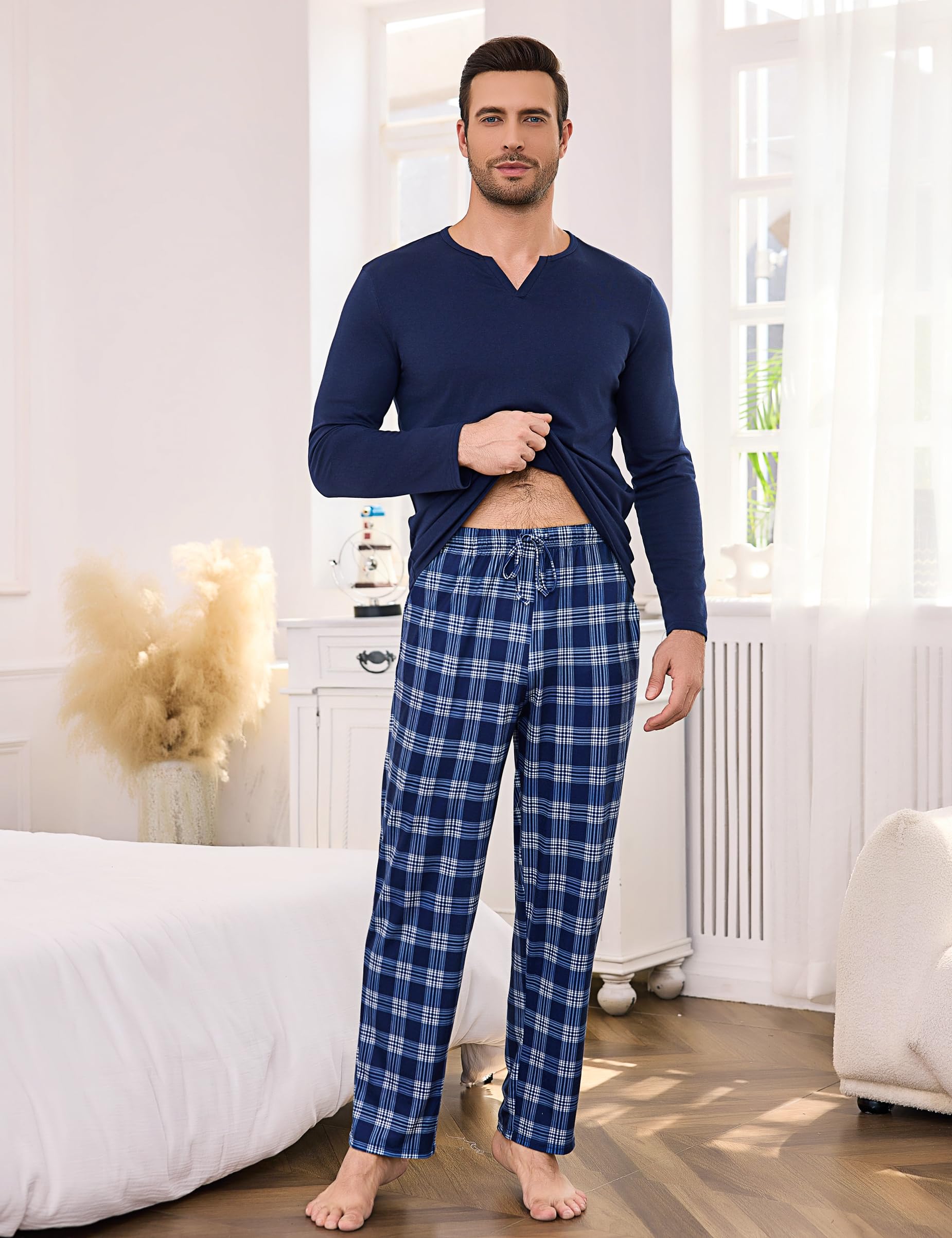 Bresdk Pyjama Homme Hiver Ensembles de Pyjama Coton Manches Longues Vêtements de Détente Doux Carreaux Long Loungewear 2 Pièces