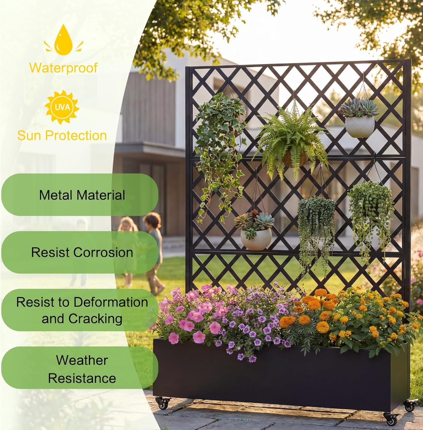 73"x47"x16" Metal Raised Garden Bed with Wheels & Trellis, 12" Deep Galvanized Planter Box with Privacy Screen & Drainage Holes for Climbing Plants Vegetables Vines