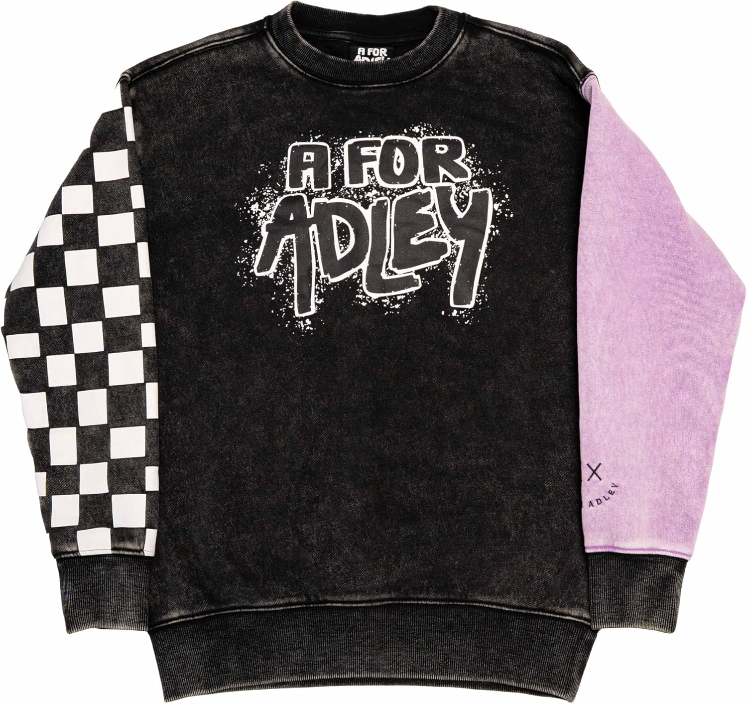 A FOR ADLEY Spray Logo Sweatsuit. A Mineral Washed Black Outfit With a Crewneck Sweater Top and a Jogger Style Sweatpant.