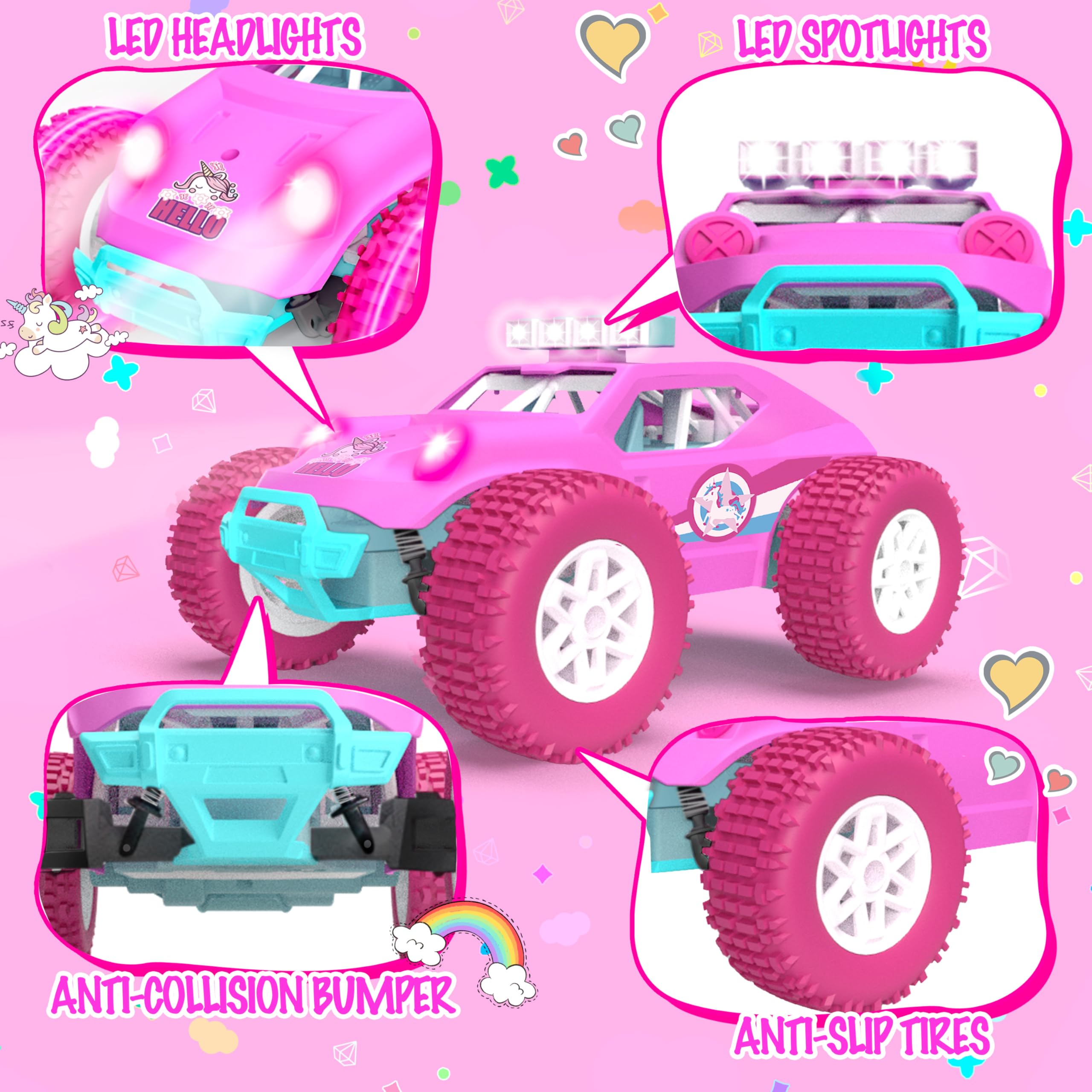 GirliGlee Macchina Telecomandata per Bambini,1/18 Unicorno LED Auto Telecomandata con 2 Batterie,Regalo Bambina 5 6 7 8 10 Anni,Giocattoli Giochi Bambina 6 7 8 Anni Femmina,Unicorno Bambina Regalo