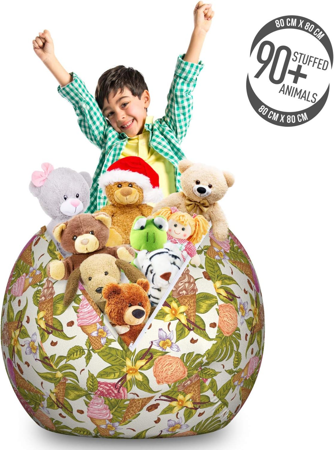 Ambesonne Ice Cream Storage Toy Bag Chair, Continuous Pattern with Tropical Leaves and Flowers with Scoops on Waffle Cones, Stuffed Animal Organizer Washable Bag, Large Size, Multicolor