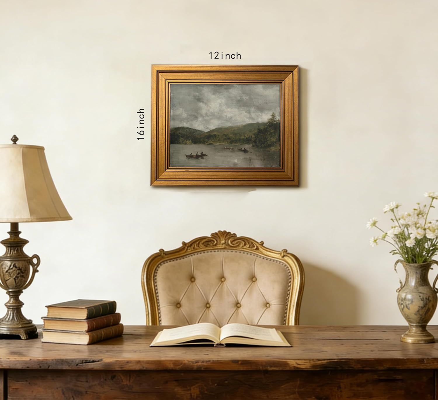 Gold Framed Vintage Landscape Canvas Wall Art Relaxed People Boating On The Tranquil Lake Oil Painting Picture Wall Decor Retro Nature Poster Print Artwork for Living Room Bedroom Home Decoration