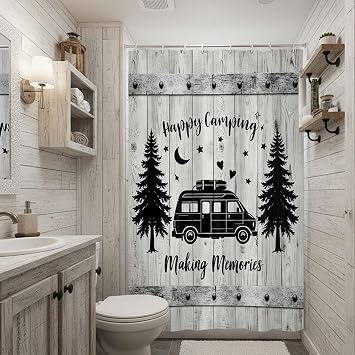 Camper RV Shower Curtain, Retro Rustic Barn Door Wood Camping for Travel Trailer Bathroom Decor, Small Size Stall Waterproof Fabric Shower Curtain Set Accessories with Hooks, 54X70IN