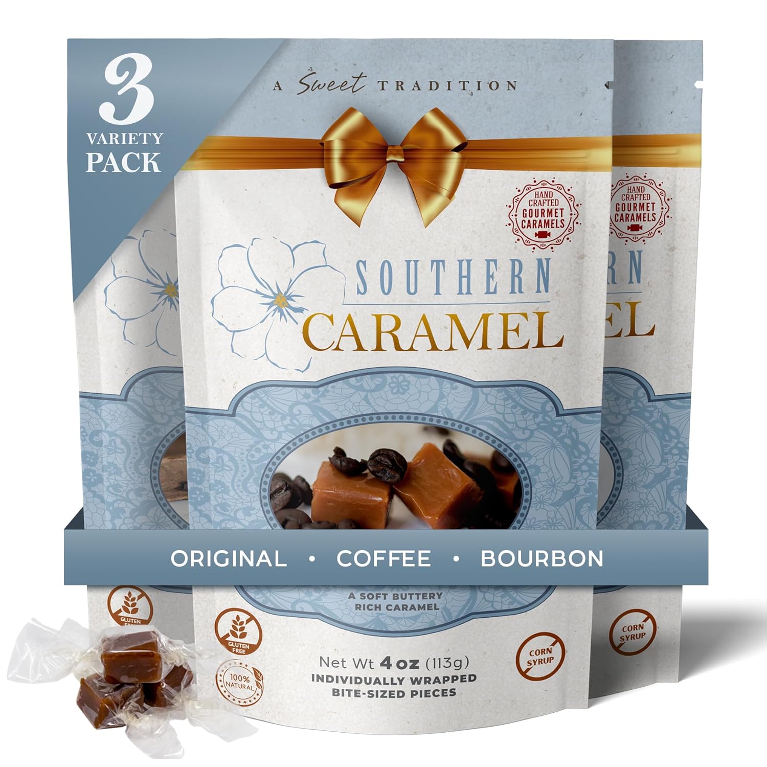 Southern Caramel Gourmet Caramel Bundle, Classic Original, Bold Coffee & Smooth Bourbon, Soft Buttery Caramels, Handcrafted, Small Batch, Gluten Free, No Corn Syrup, Gift-Ready, 4 oz (Pack of 3)