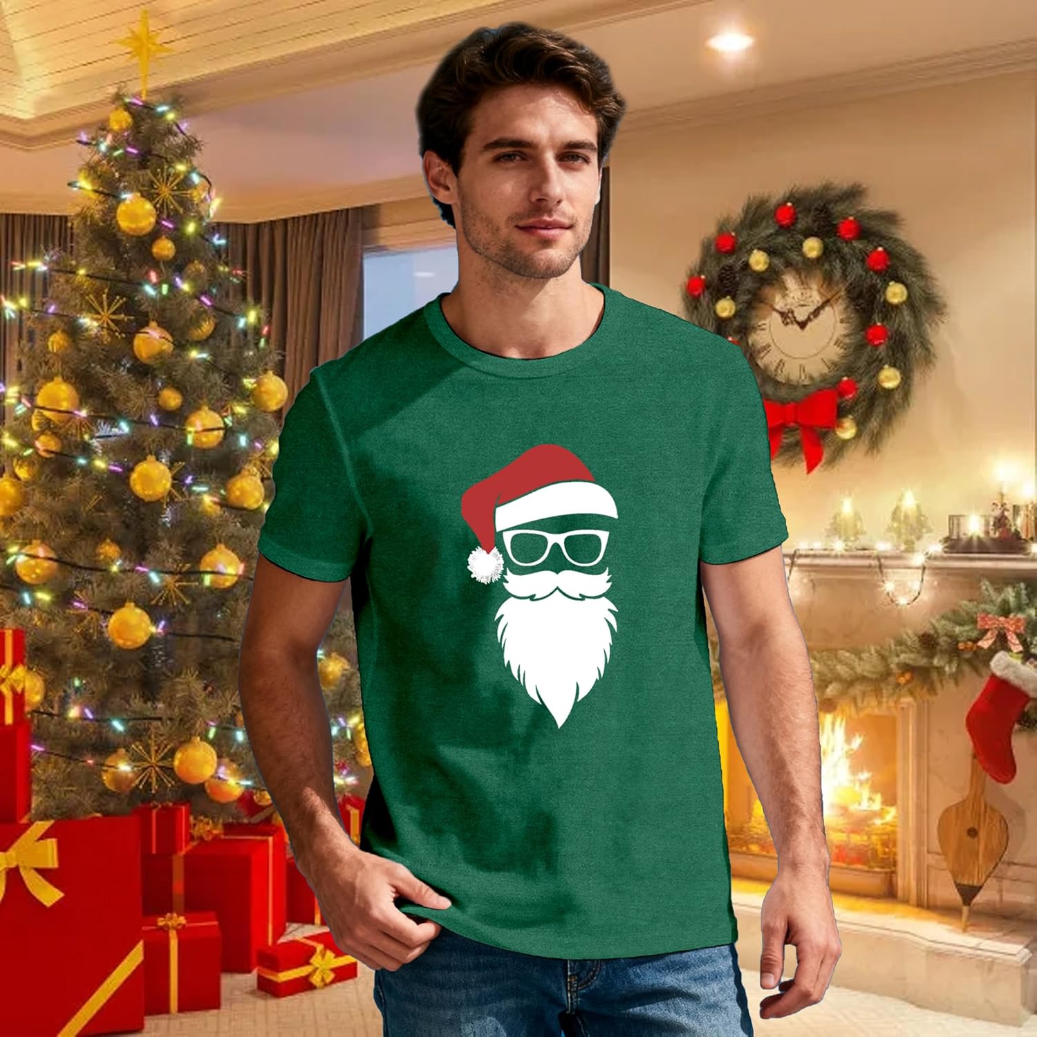 Mens Christmas Shirt Cute Santa T-Shirts Xmas Claus Tee Tops - Image 4