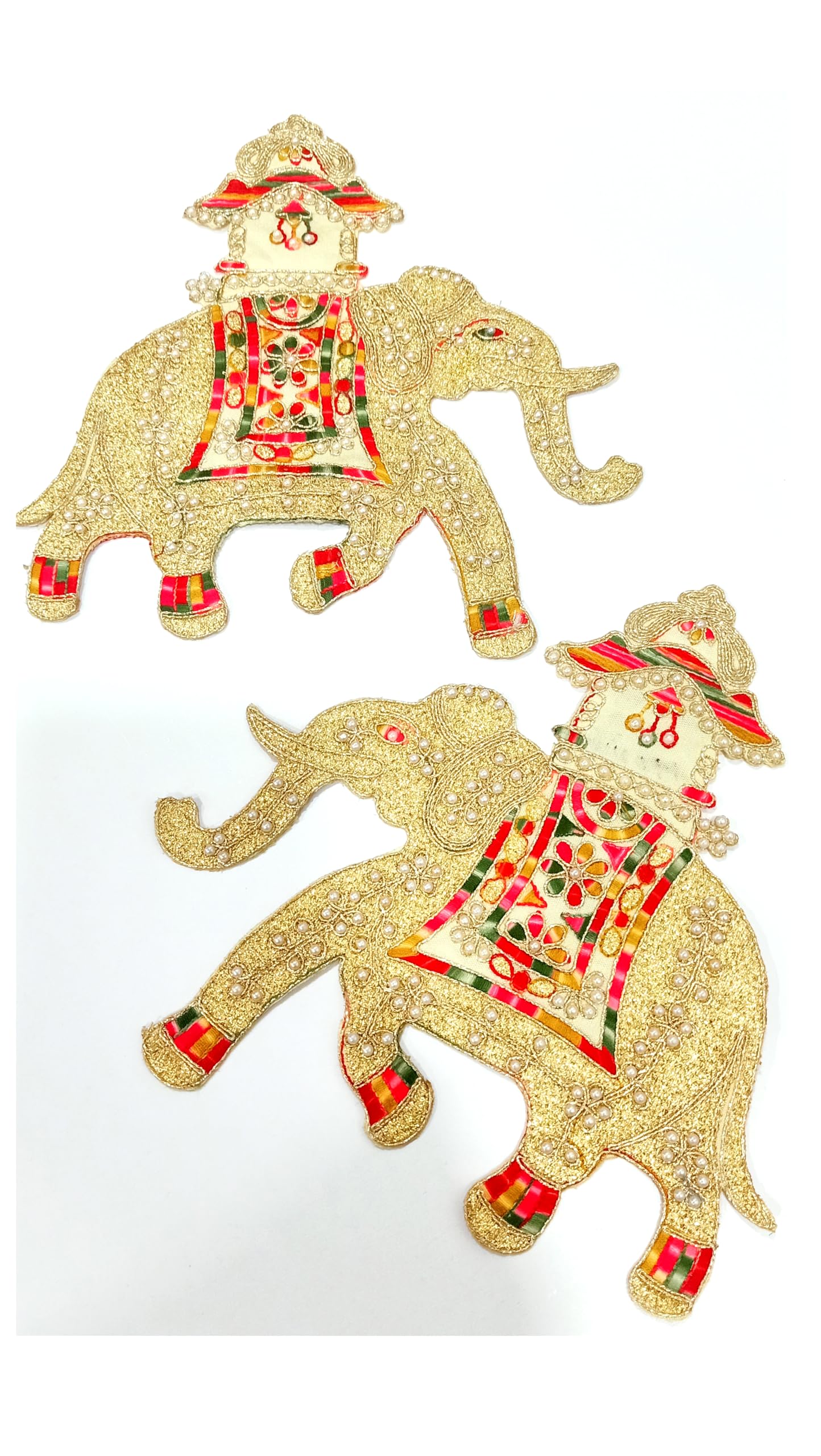 GenericRN Creation Designer Elephant Moti Stone Work Applique Patches for Women's Clothing - Multi & Gold Color - 18 X 19 Cm - Sew On Decorative Patches for Dress, Blouse, Saree - Pack of 2