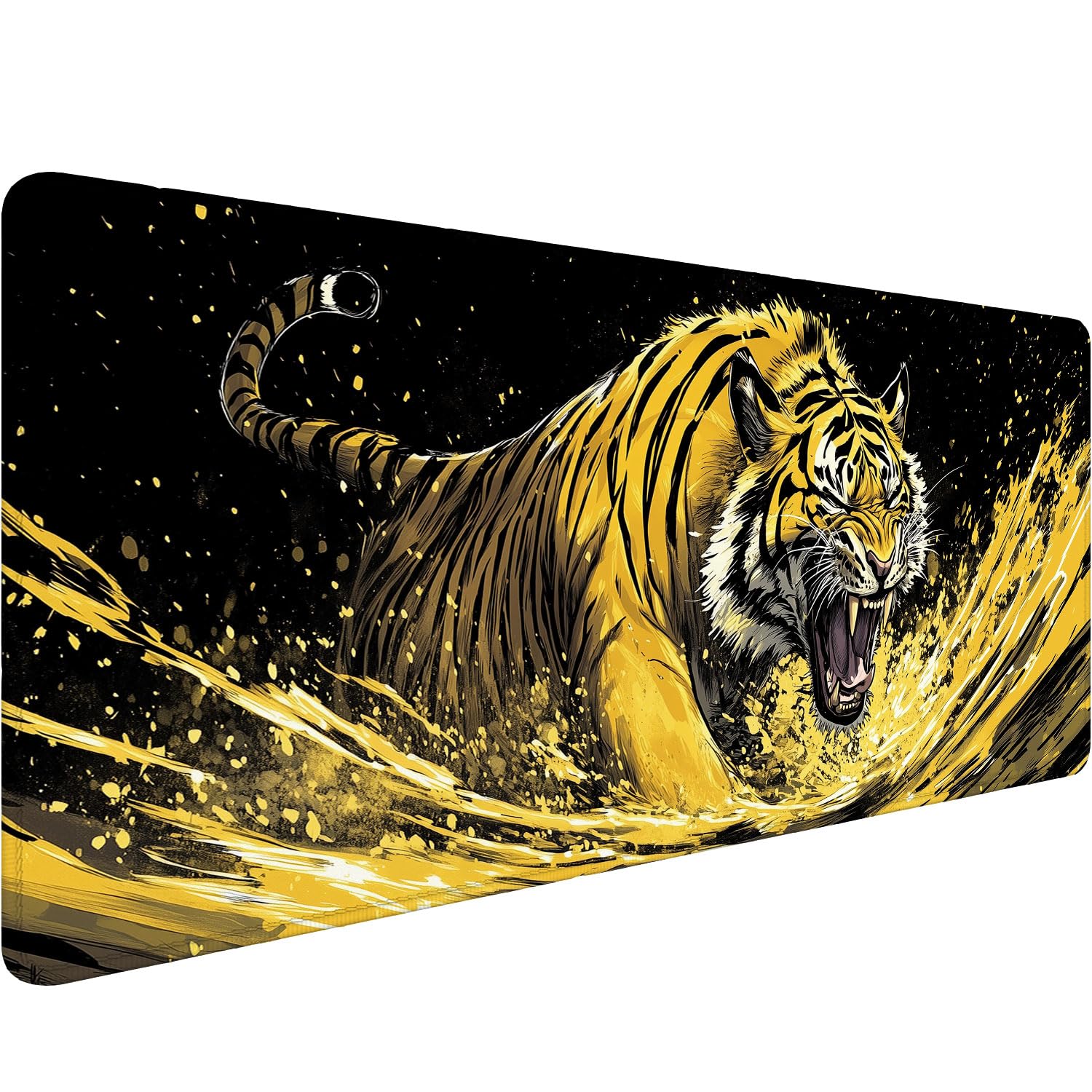 Alfombrilla de ratón con diseño de tigre rugiente, diseño de animales geniales, color negro, dorado, vida silvestre, tamaño XL, alfombrilla de mouse grande extendida para teclado para laptop,