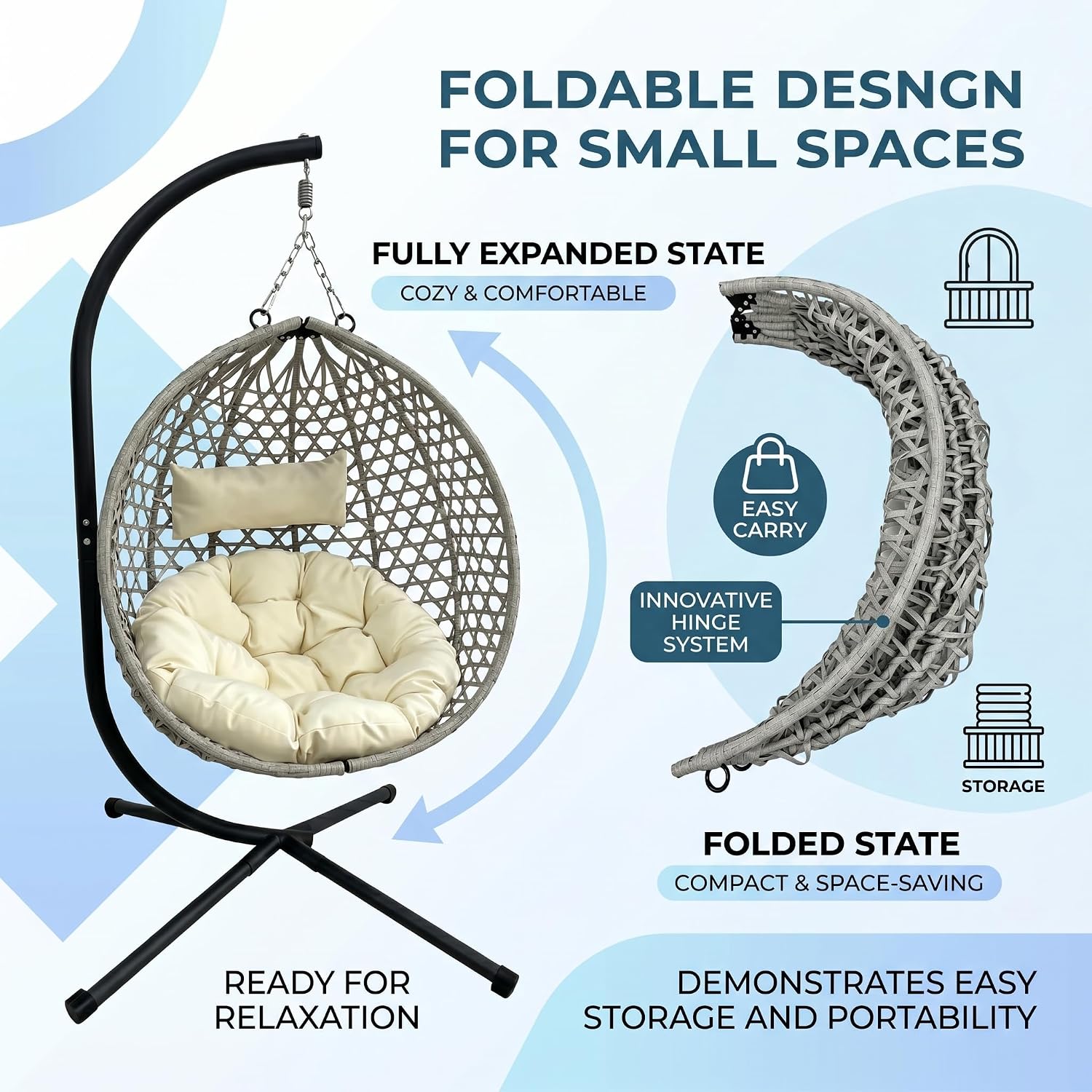 Hanging Egg Chair with Stand, Wicker Egg Swing Chair with Cushion & Headrest, Freestanding Patio Chair for Bedroom Balcony Garden, Heavy-Duty Steel Frame, 350 lbs Capacity, Grayish White image 3