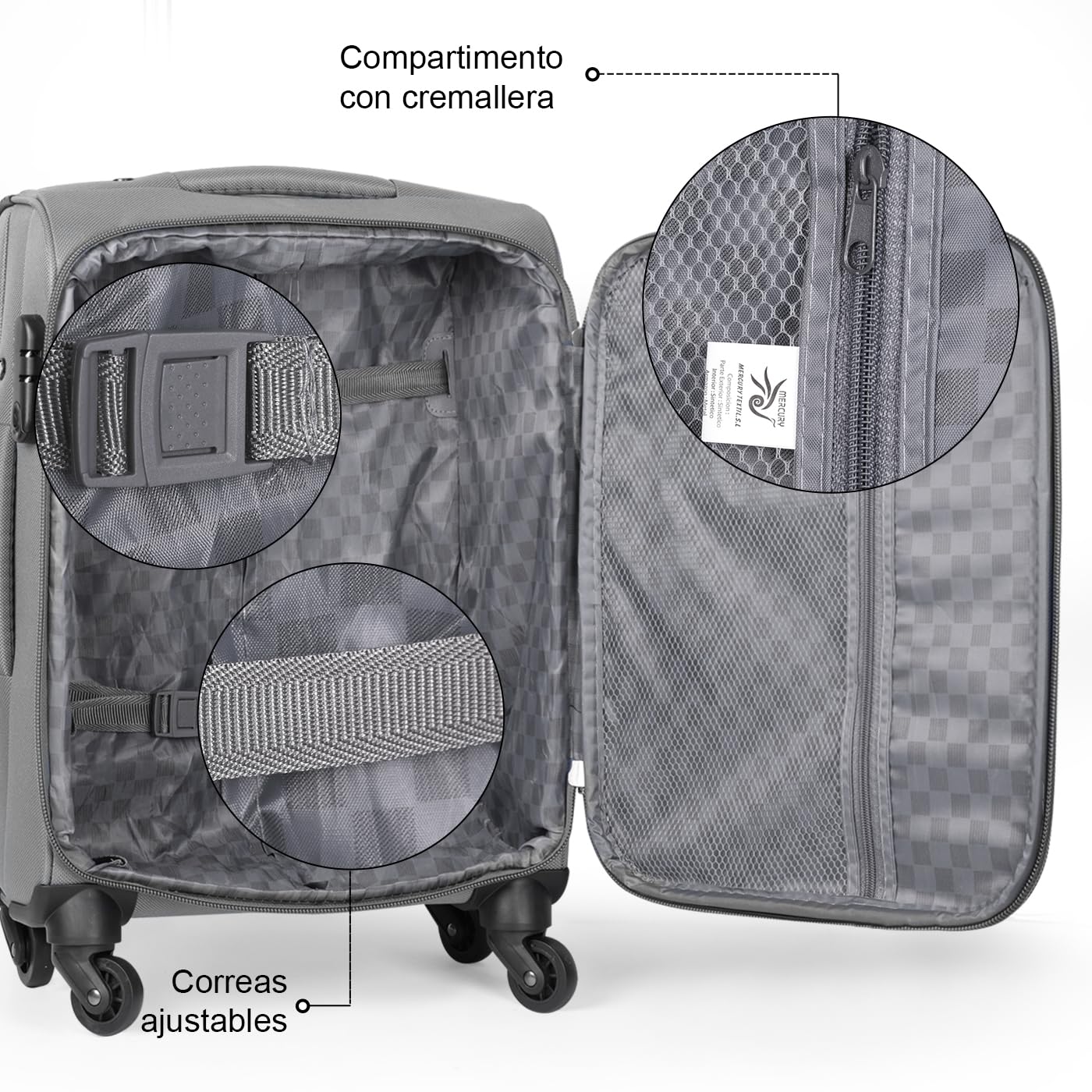 MERCURY TEXTIL - Juego de Maletas 3pcs de Tela (Negro) | con 4 Ruedas Giratorias 360°, Expandible (Cabina, Mediana y Grande), Cierre de Seguridad - Ideal para Viajes y Vacaciones