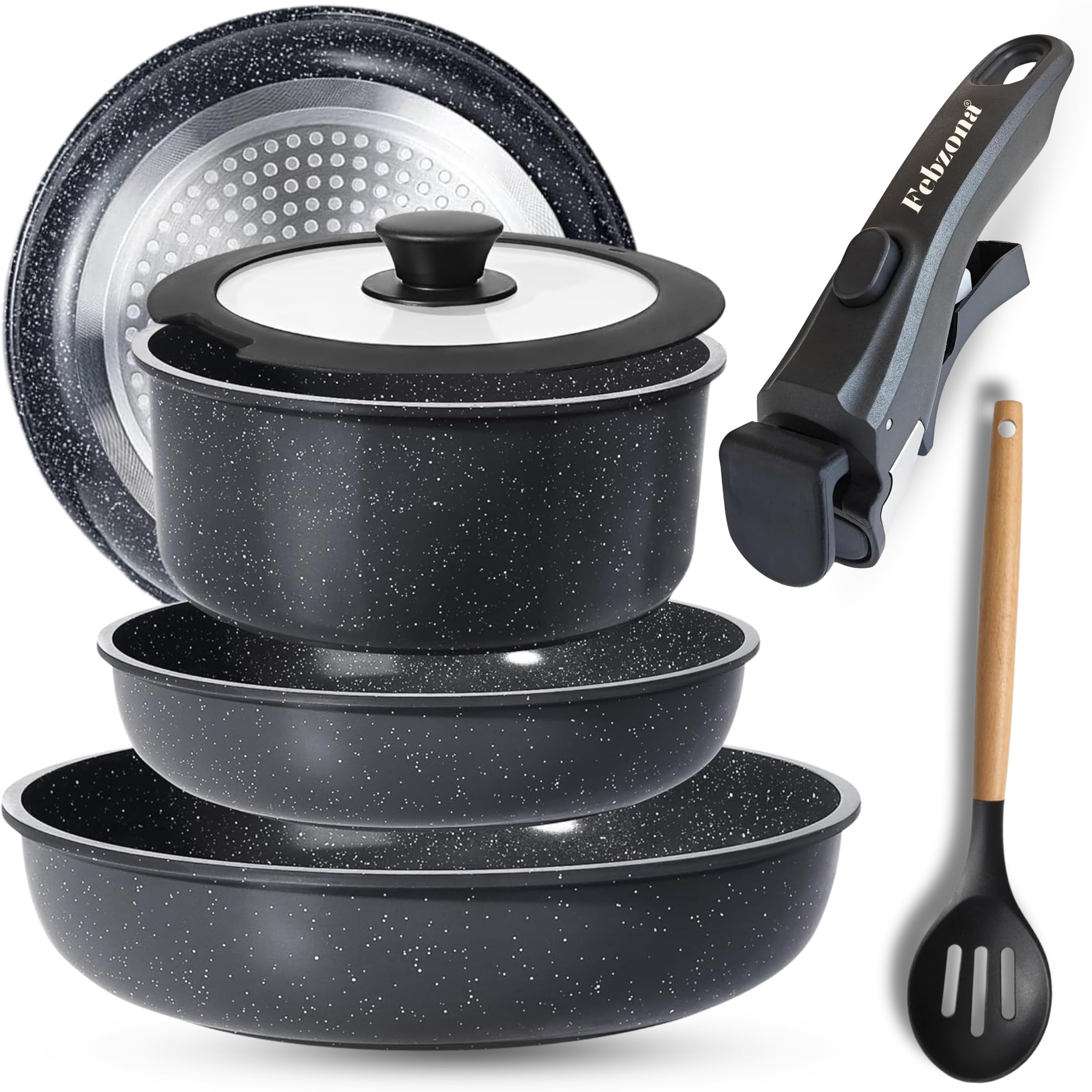 Febzona 6 Pcs Pots and Pans Non Stick Cookware Combo Set Induction Ready, with Detachable Handle, Stackable Kitchen Cooking Set Removable Handles, Oven Safe, frypan Tea pan Utensils (Stone Black)