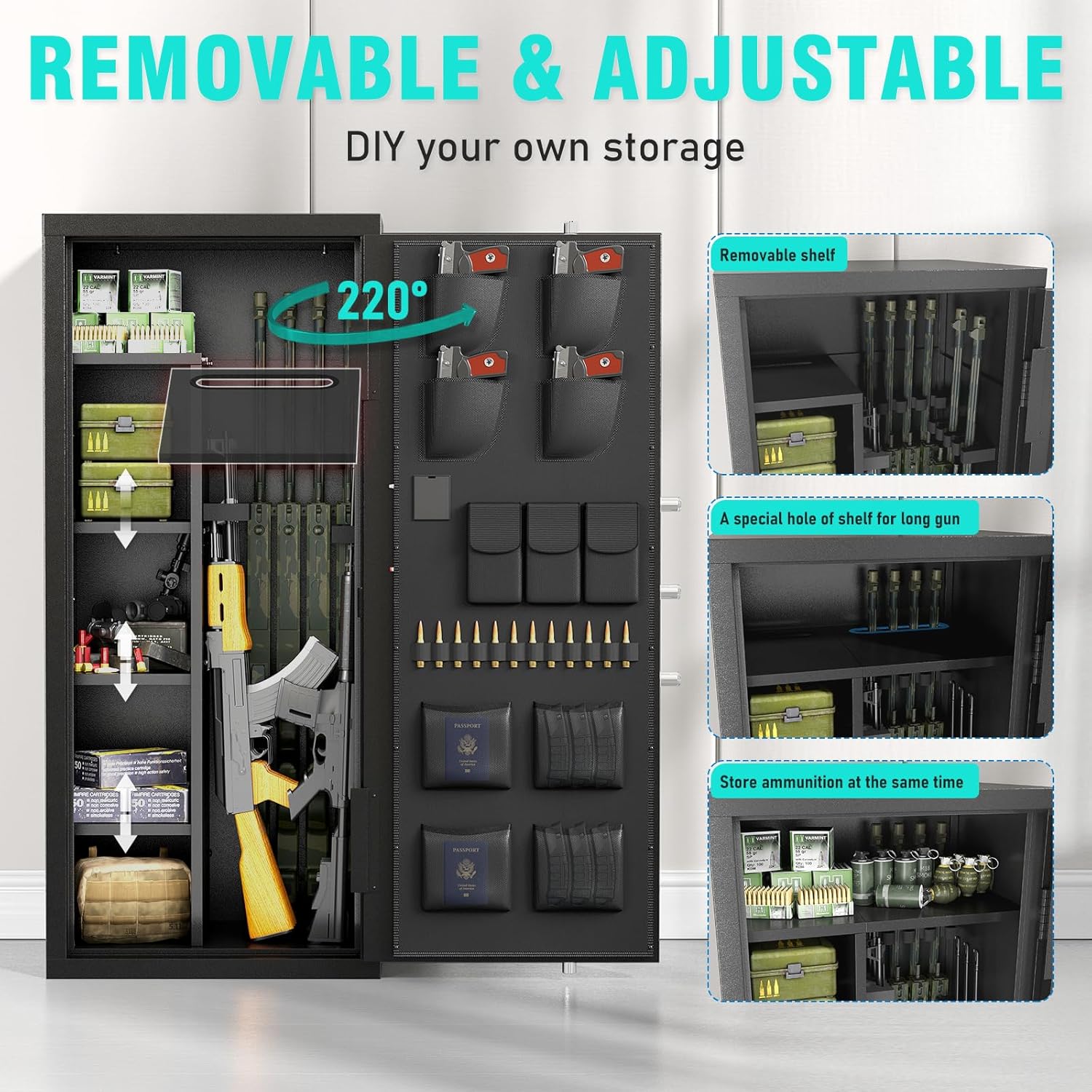 Gun Safe, 15-20 Unassembled Digital Gun Safe for Rifles and Pistols with Adjustable Gun Rack & Removable Shelves, Gun Cabinet for Shotgun, Large Gun Rifle Safe Gun Cabinet with Dual Alarm & Mute Mode