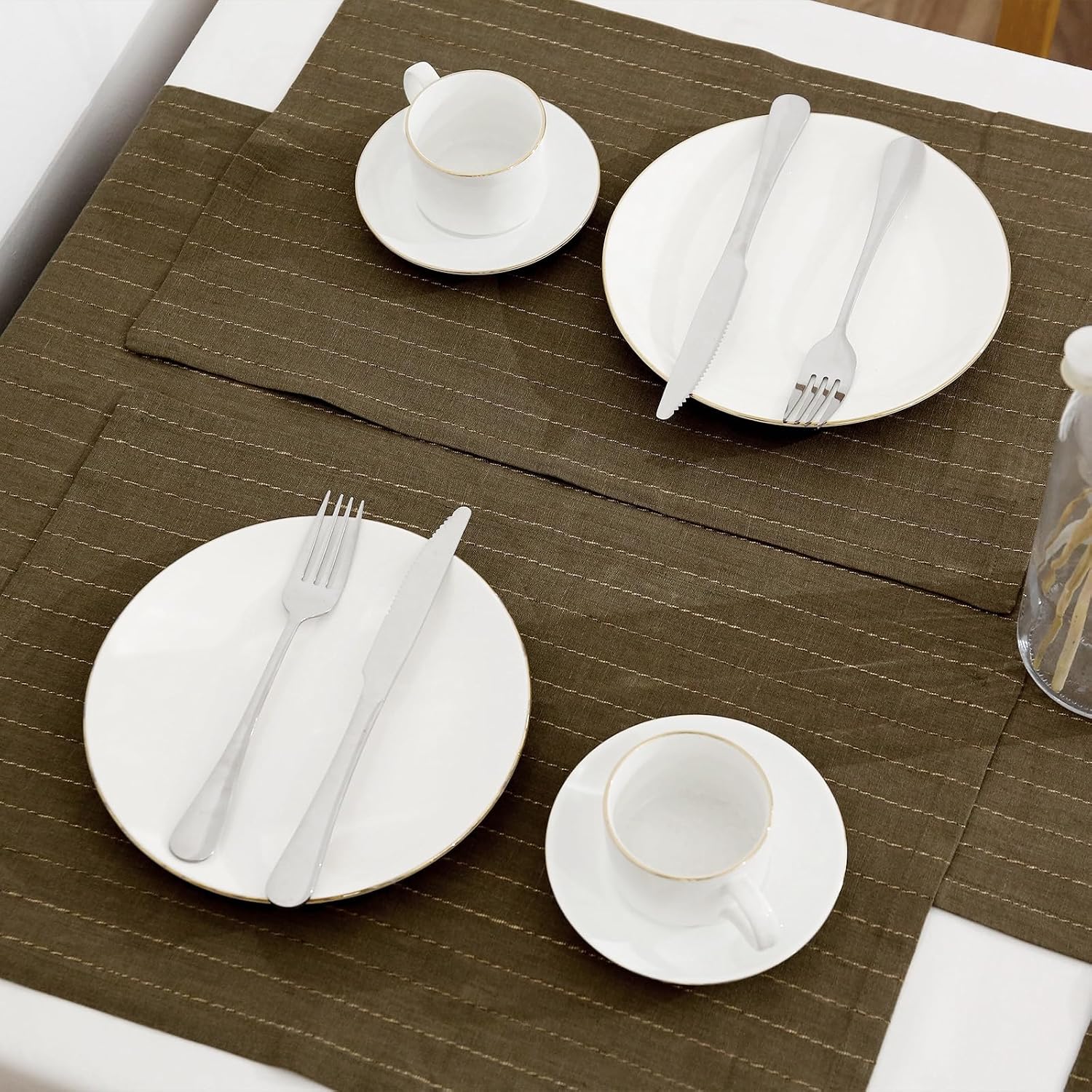 100% Pure Linen Placemats Set of 4 -French Stripe 13 x 19 Inch Dining Table Place Mat for Wedding, Parties, Everyday, Holidays, Indoor Outdoor (4PCS, Green)