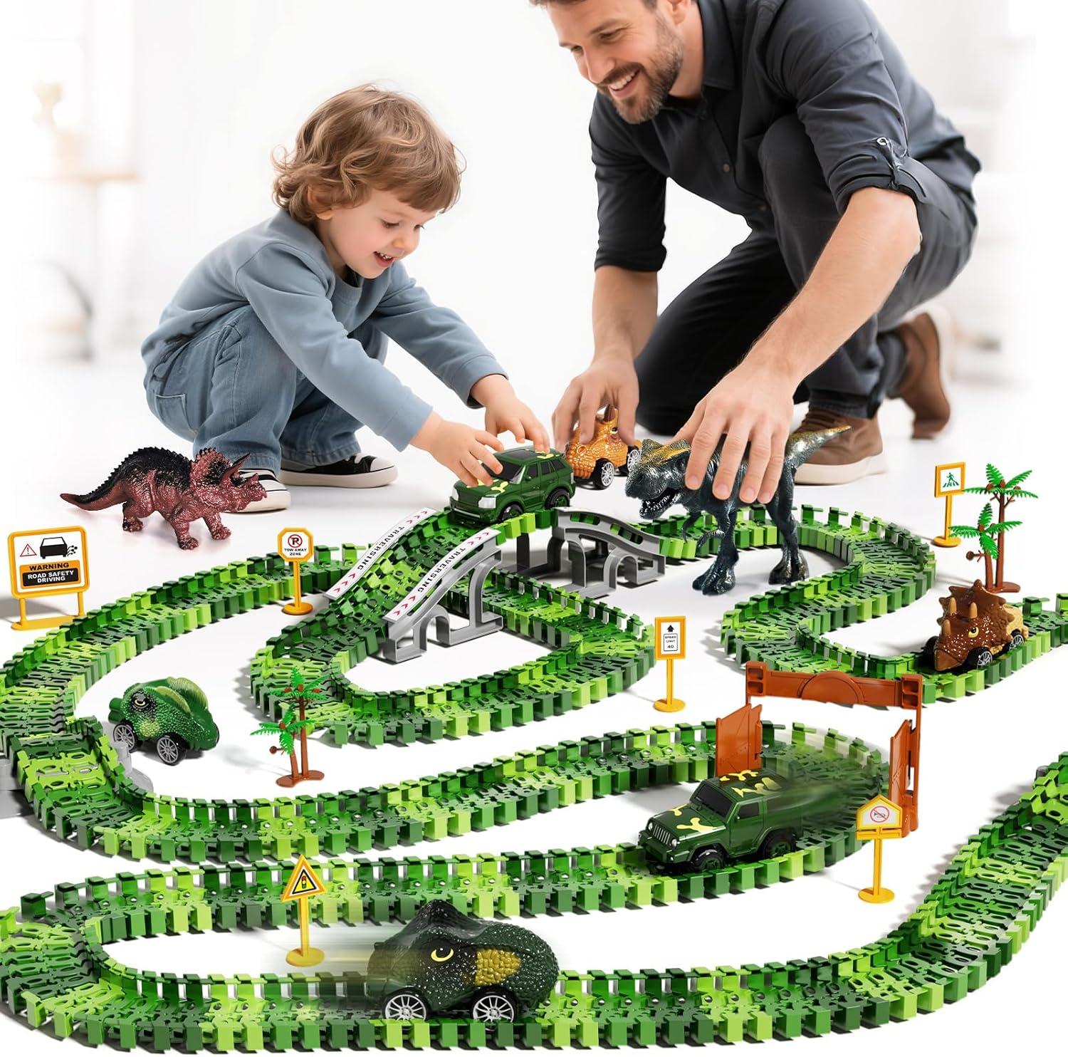 Car Race Track Dinosaur Toys, DIY Flexible Train Tracks Building Kit with 2 Electric Cars, 4 Dinosaur Cars, Train Set Toys for Kids 3 4 5 6 7 Years Old, Party Games Birthday Gift for Boys