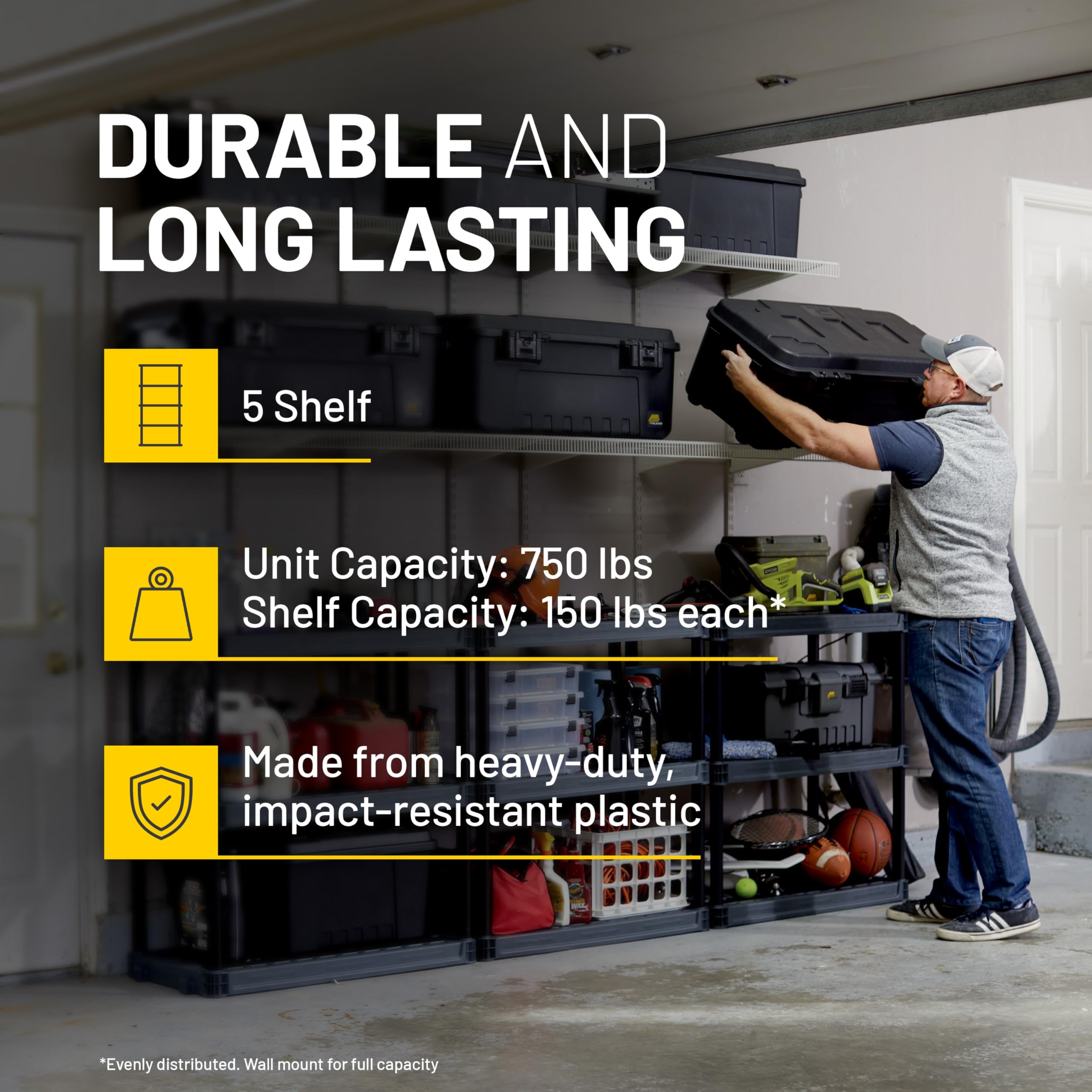 Plano Scaffali in plastica a 5 ripiani, 185,4 x 91,4 x 45,7 cm, capacità 340,2 kg, dispensa, ufficio, armadio e garage, facile da montare, in plastica resistente
