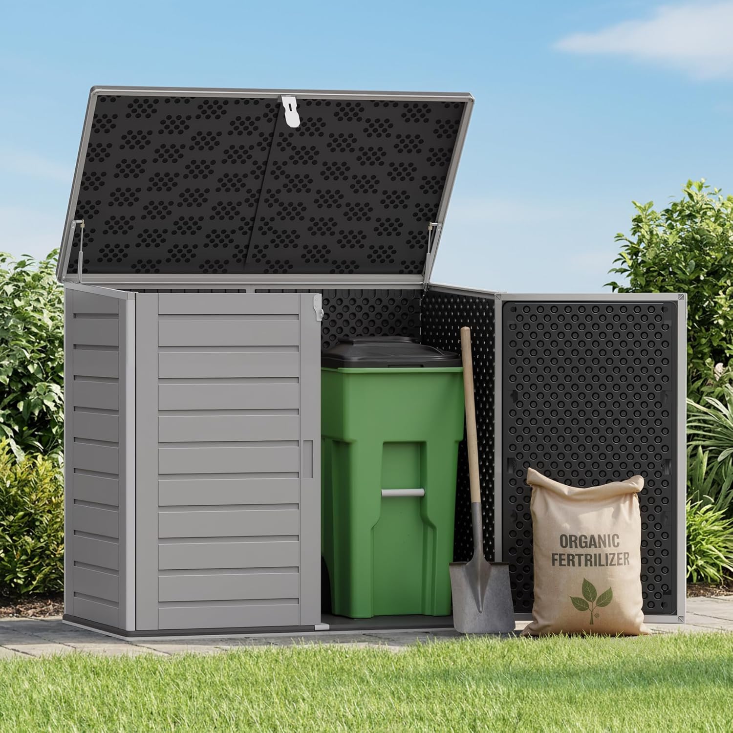 HUGROVE 49.5 Cu Ft Outdoor Storage Cabinet, Horizontal Outdoor Storage Shed, Lockable Large Garden Shed, Weather Resistant Outdoor Storage Box for Trash Cans, Garden Tools (Dark Gray)