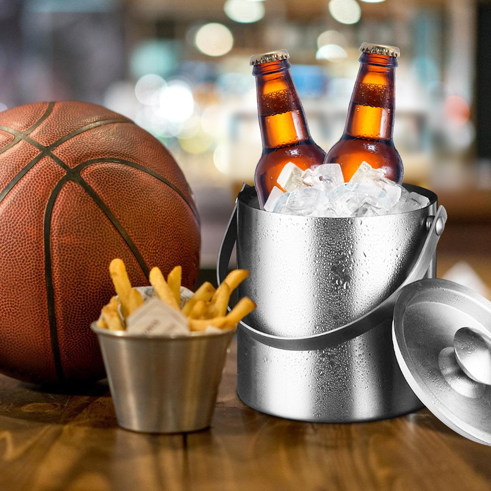 Contenitore per cubetti di ghiaccio, in acciaio inox, con coperchio, pinza e manico, 2 l, secchio isolato, ideale per il raffreddamento di birra, champagne