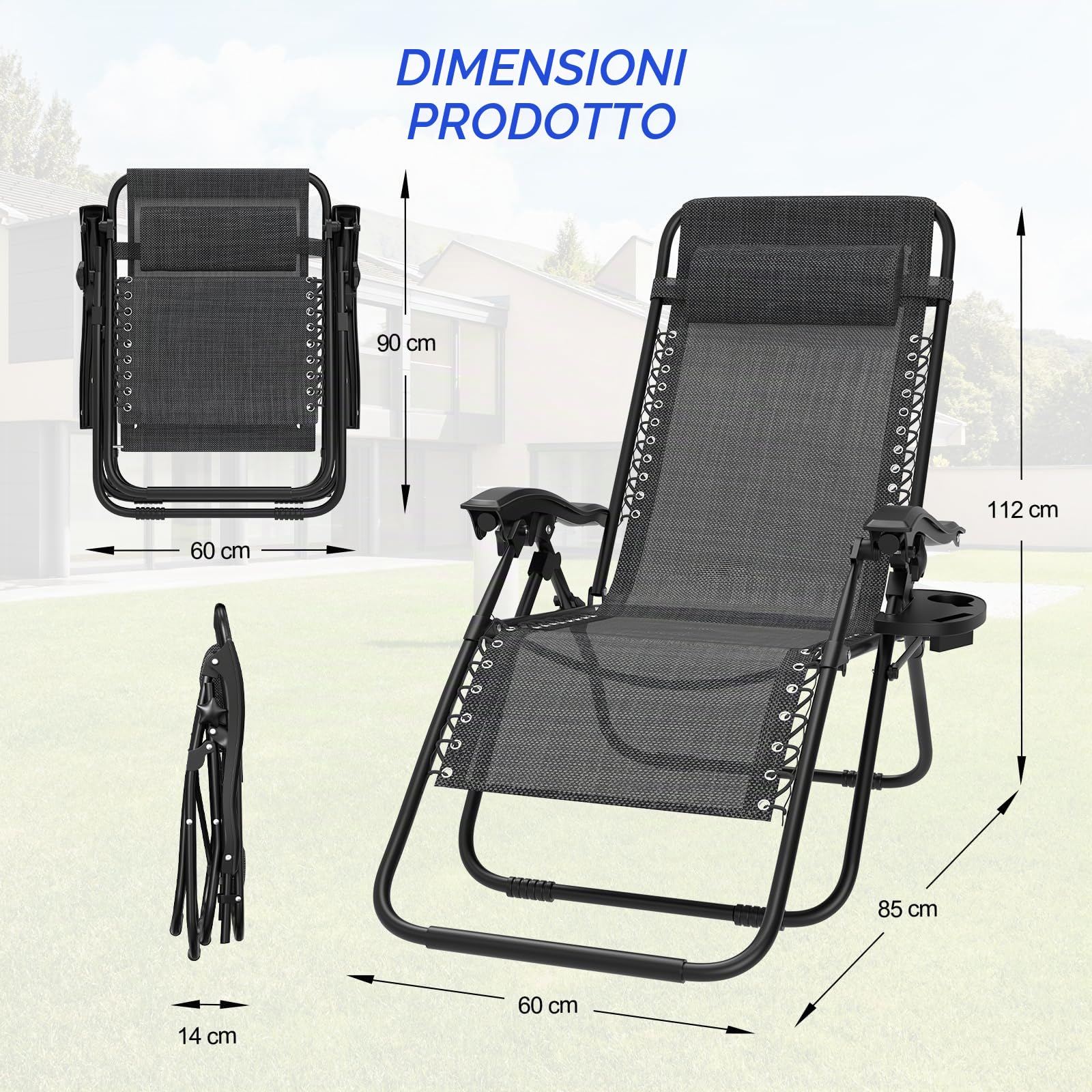 Set di 2 sedie a sdraio Huracan, sdraio pieghevole con poggiatesta regolabile in continuo e portabevande, sdraio da giardino Piscina con telaio in acciaio inossidabile e Tessuto traspirante, antracite