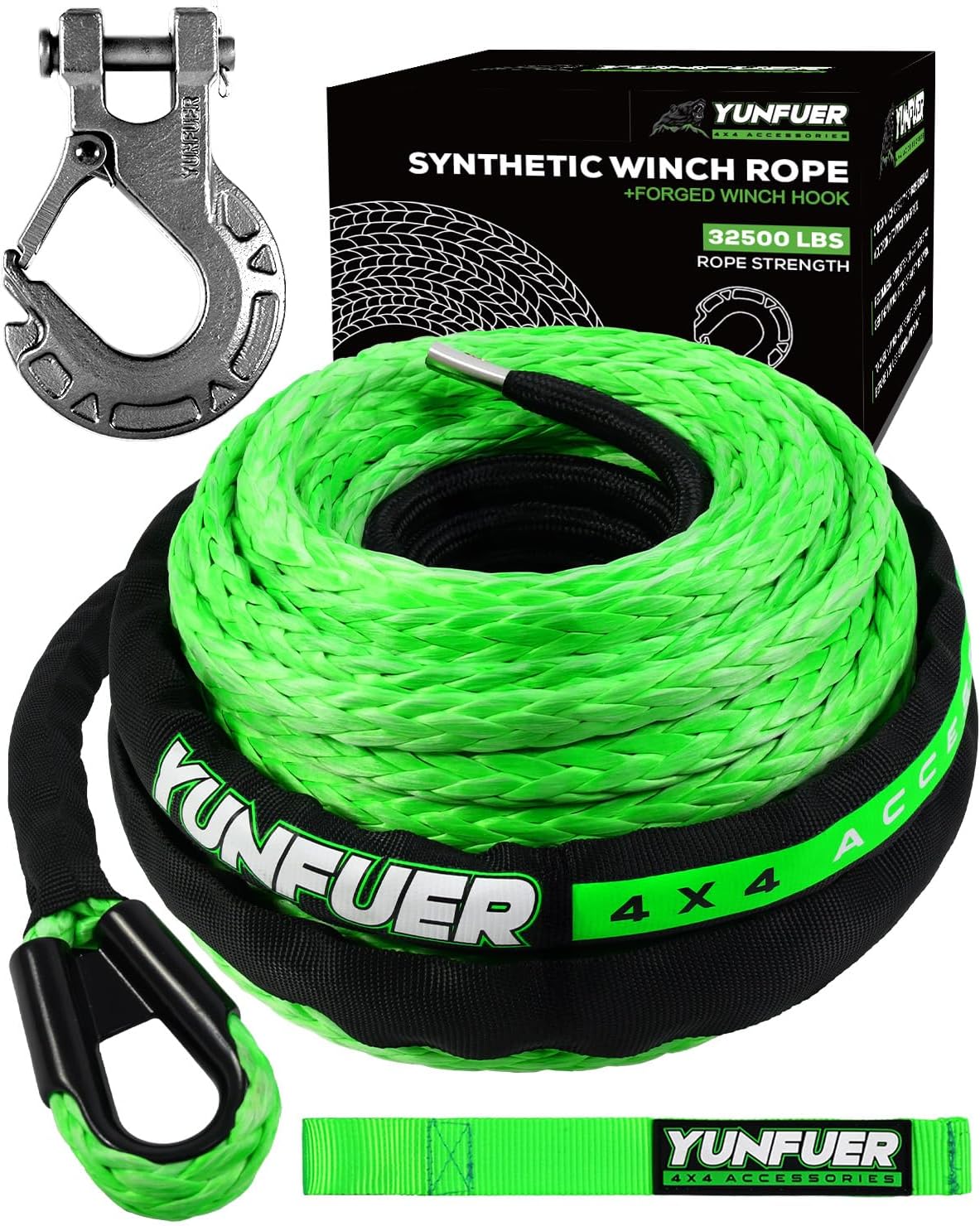 Synthetic winch rope with hook for off-road recovery