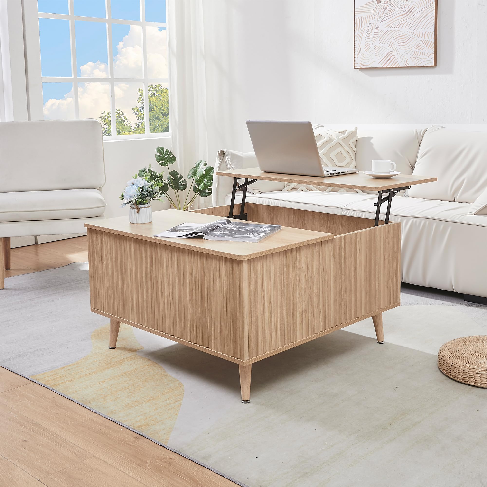 Mesa de centro cuadrada con estante extensible, mesa de centro de altura ajustable con espacio de almacenamiento y superficie acanalada para sala de estar, oficina en casa, estudio o escritorio.