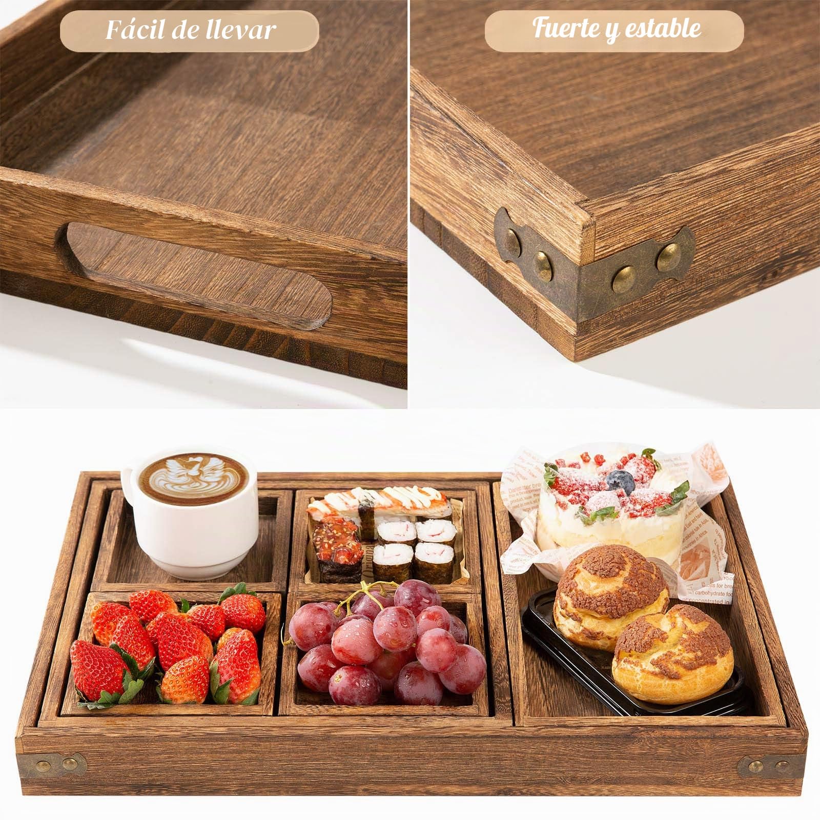 Yangbaga 7Piezas Bandejas Madera Rectangular de Madera de Paulownia para Servir Comida, Bandeja Rústica con Asa para Desayuno, Bebidas, Aperitivos, Mesa de café, Comedor y Decoración del Hogar