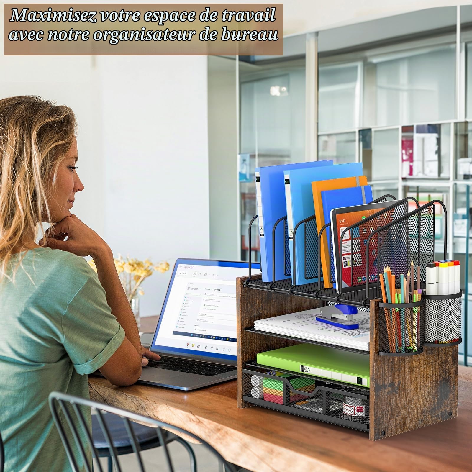 DAOUTIME Organiseur de bureau avec tiroir, organiseur de bureau en maille à 4 niveaux avec 5 porte-documents verticaux et 2 porte-stylos, organiseur de bureau multifonction, organiseurs de bureau et
