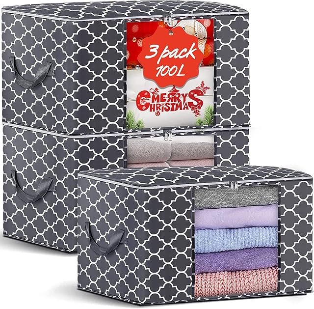 Bingobang 3Packs Clothes Storage Bag Organizer 100L Large Capacity Storage Solutions with Reinforced Handle Thick Fabric for Comforters, Blankets, Bedding, Foldable with Sturdy Zipper, Clear Window, Grey