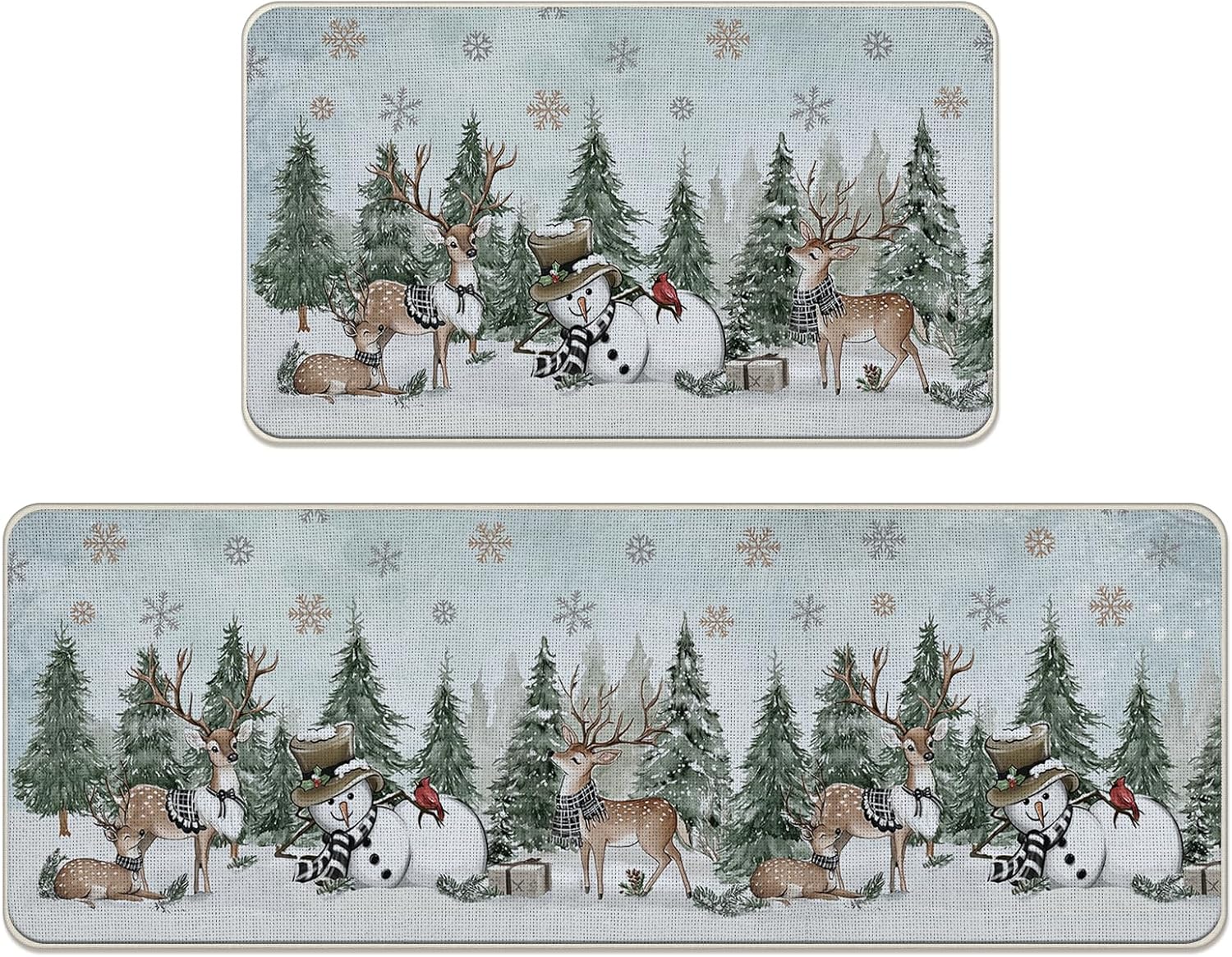 Winter Forest Reindeer Snowman Kitchen Rugs Set of 2, Snowy Pine Tree Gold Snowflake Floor Mats Home Decor, Woodland Cardinal Door Mat Decorations - 17x29 and 17x47 Inches