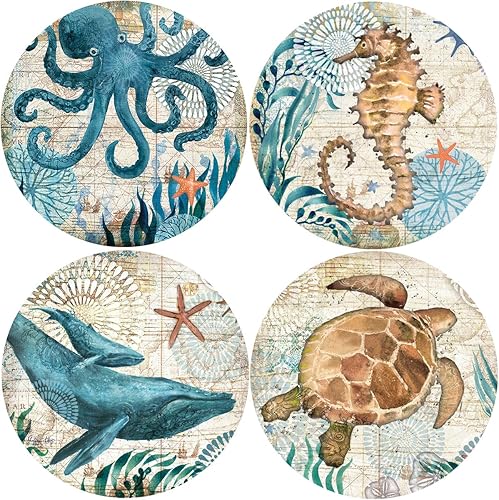 SUPCOW Posavasos redondos de cerámica, paquete de 4 piedras absorbentes para bebidas, protegen los muebles del café, té, marcas de vida marina